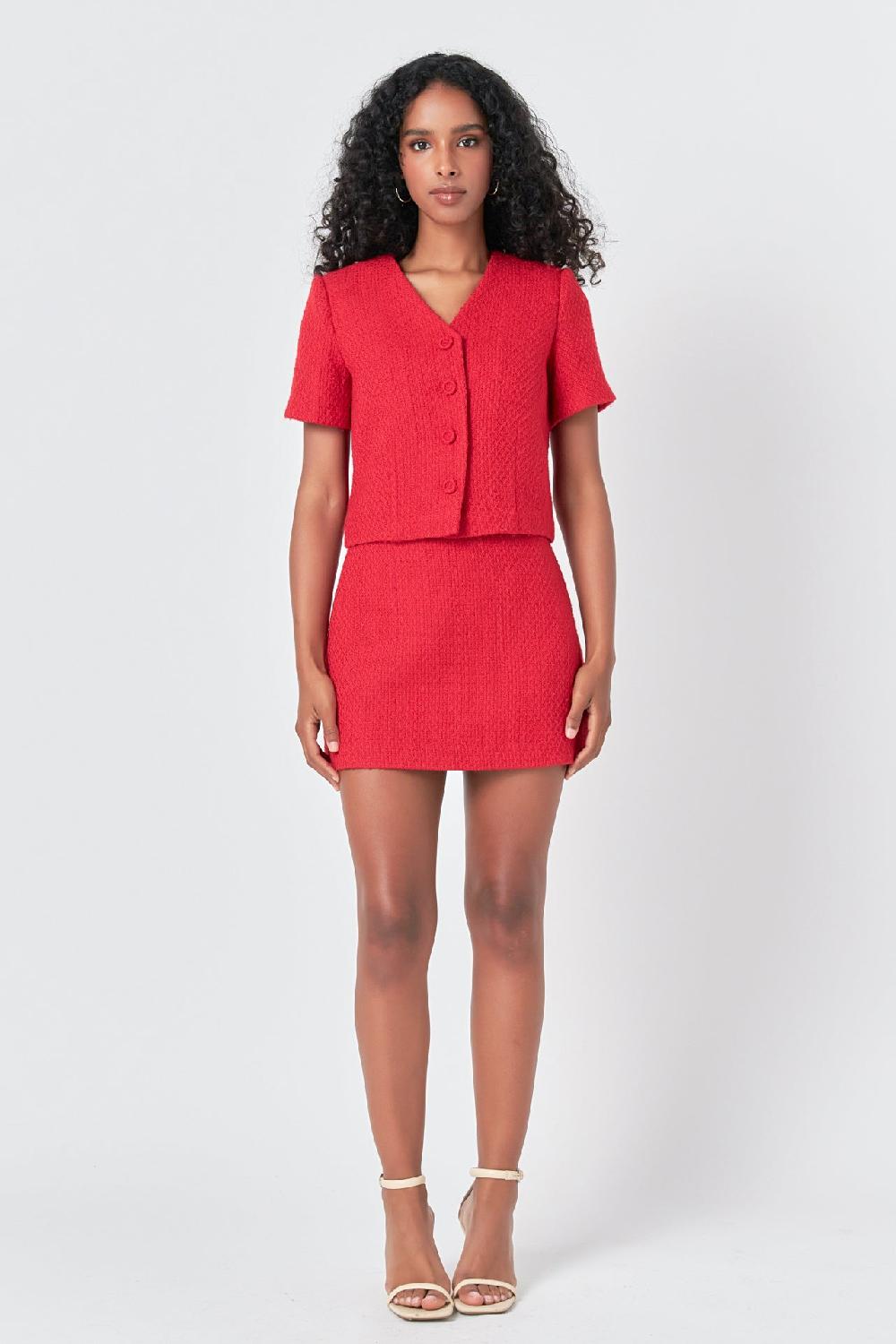 endless rose Tweed Short Sleeve Top RED