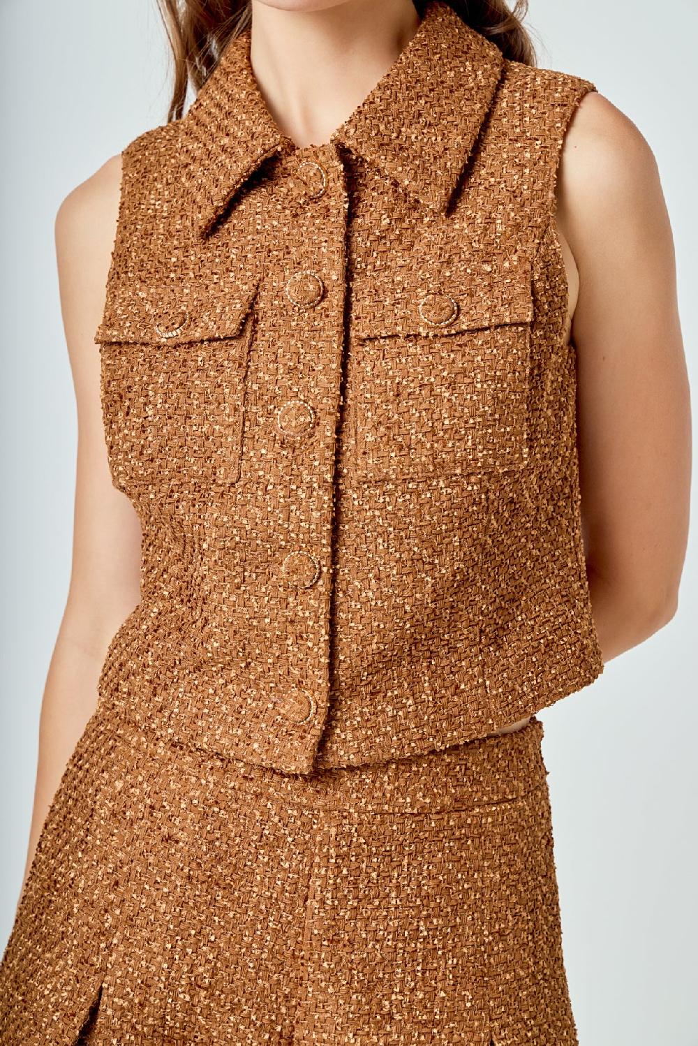 Endless Rose Tweed Short Sleeveless Jacket CAMEL