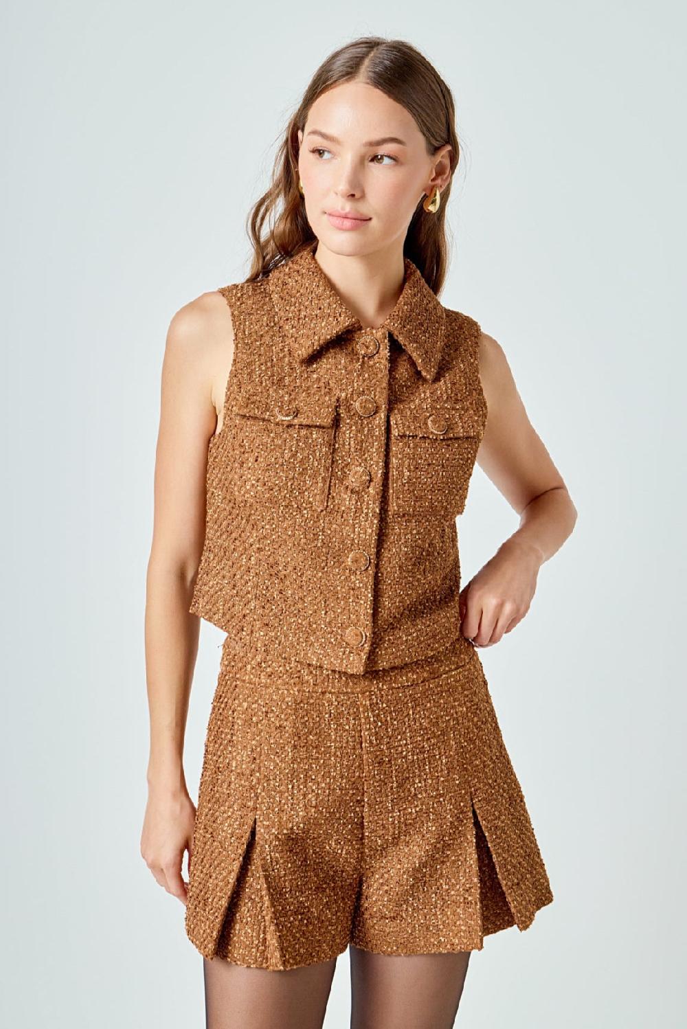 endless rose Tweed Short Sleeveless Jacket CAMEL