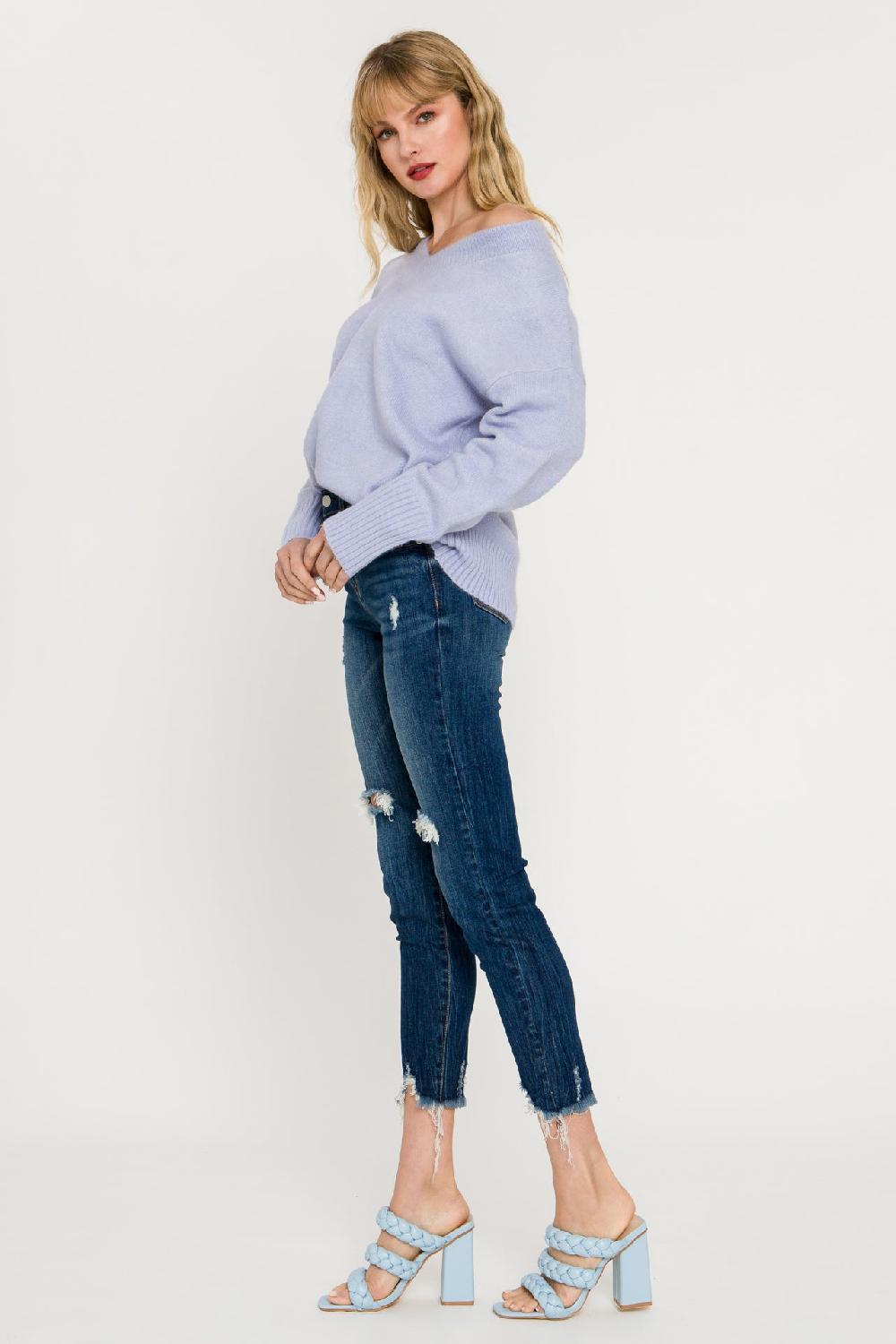 Endless Rose V-Neck Long Sleeve Sweater BLUE