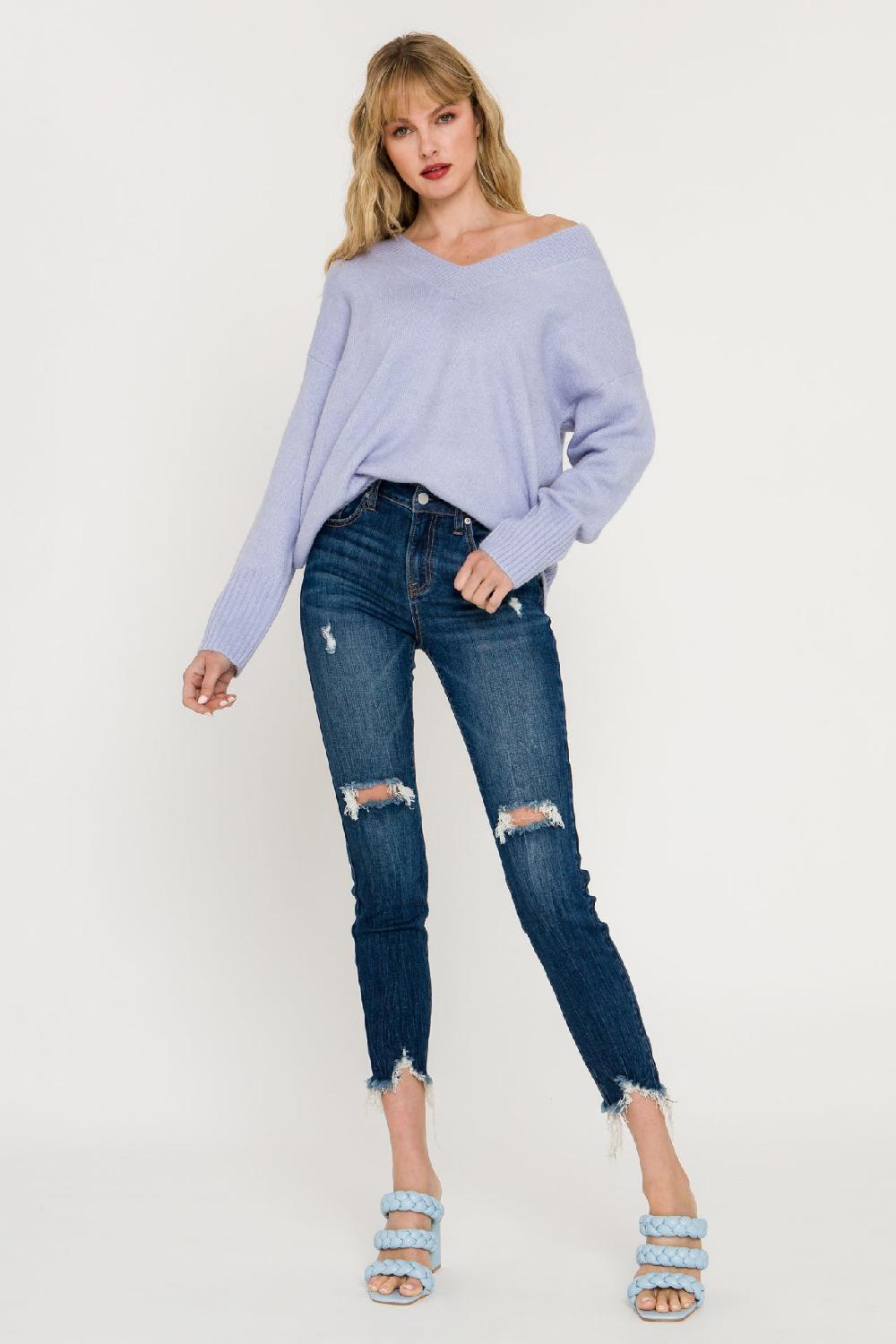 endless rose V-Neck Long Sleeve Sweater BLUE