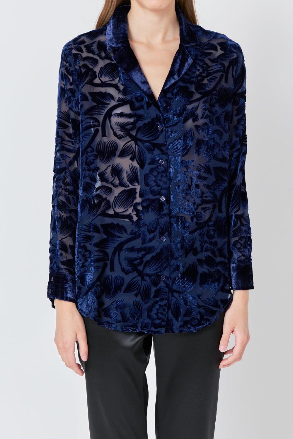 Endless Rose Velvet Burnout Collared Top NAVY