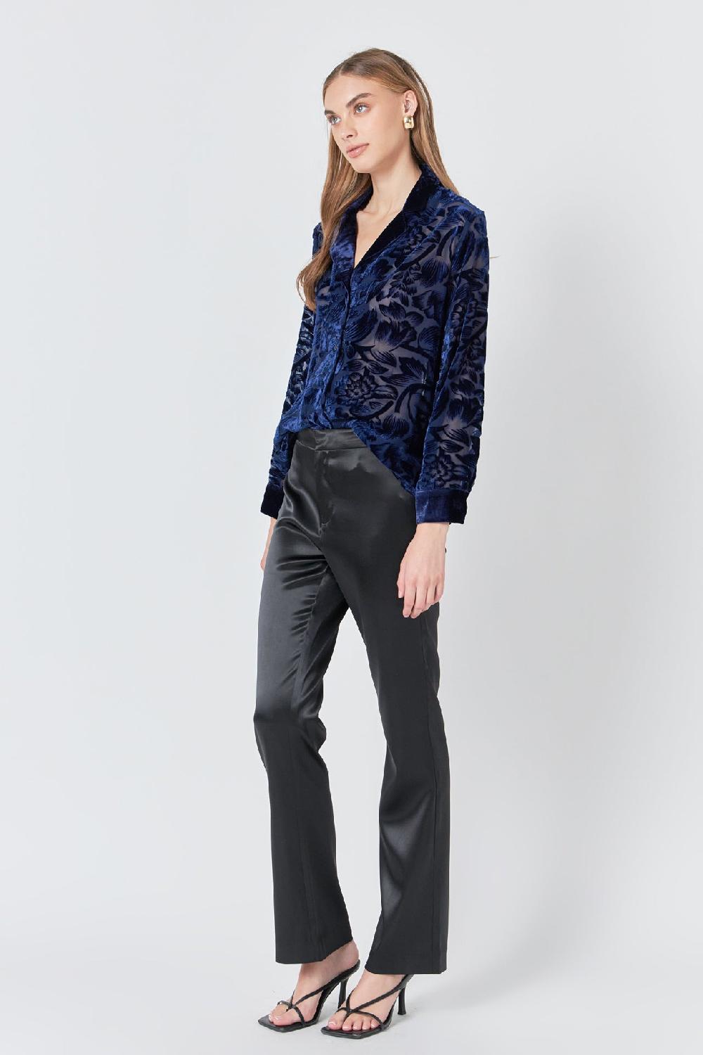 Endless Rose Velvet Burnout Collared Top NAVY