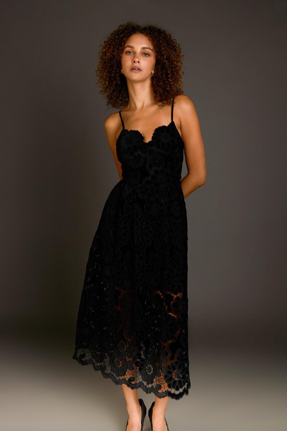 endless rose Velvet Lace Midi Dress BLACK