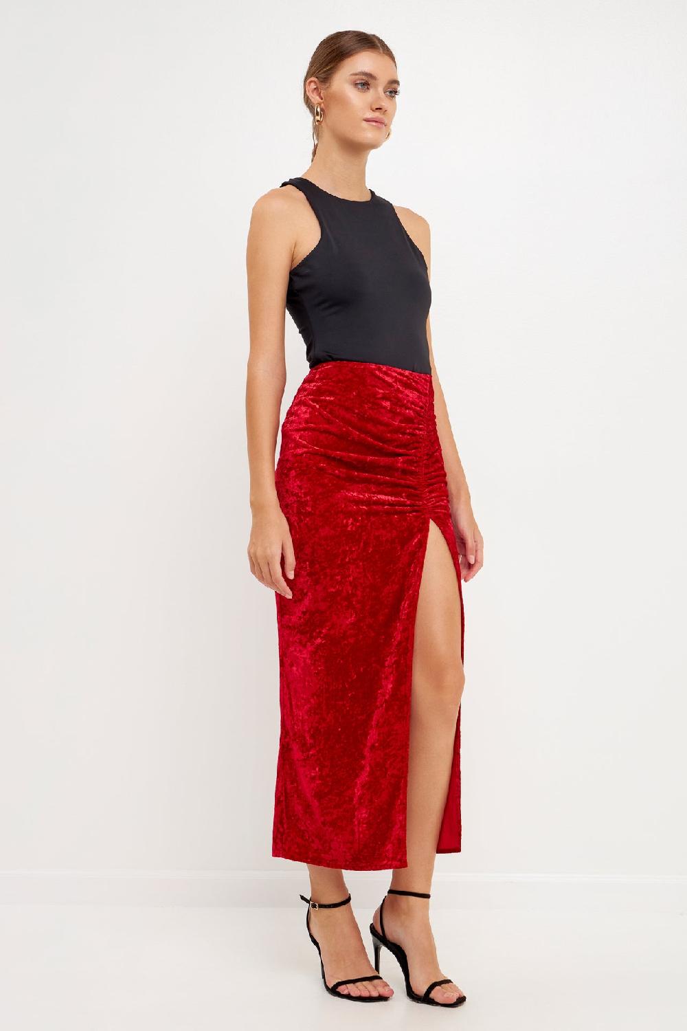 Endless Rose Velvet Ruched Maxi Skirt WINE