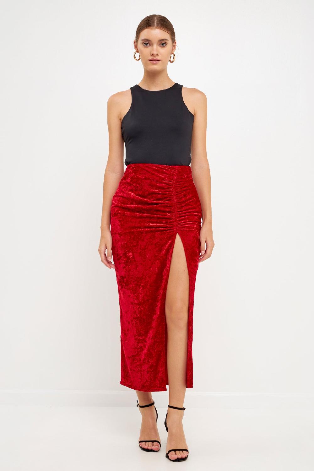 endless rose Velvet Ruched Maxi Skirt WINE