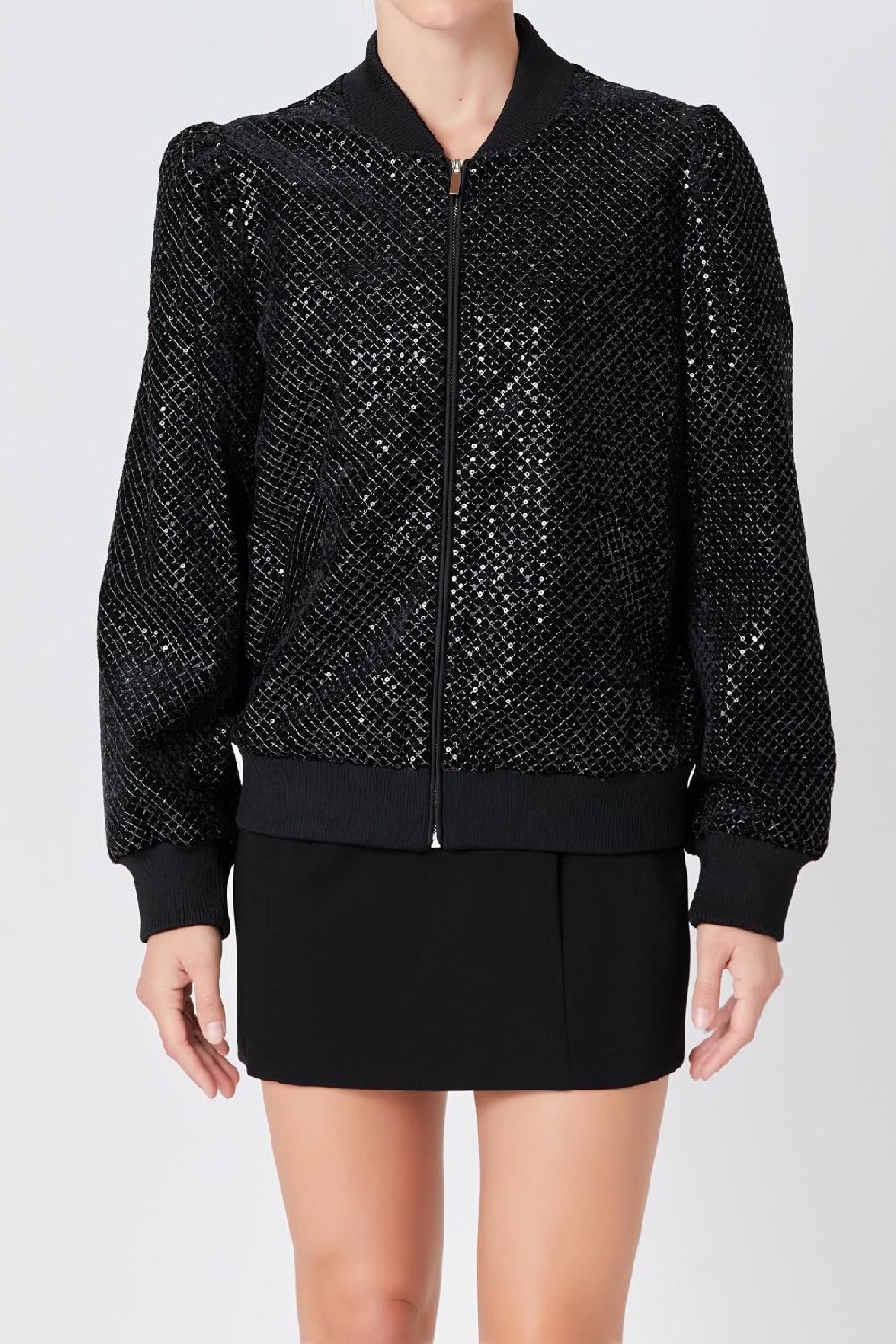 Endless Rose Velvet Sequin Bomber Jacket BLACK