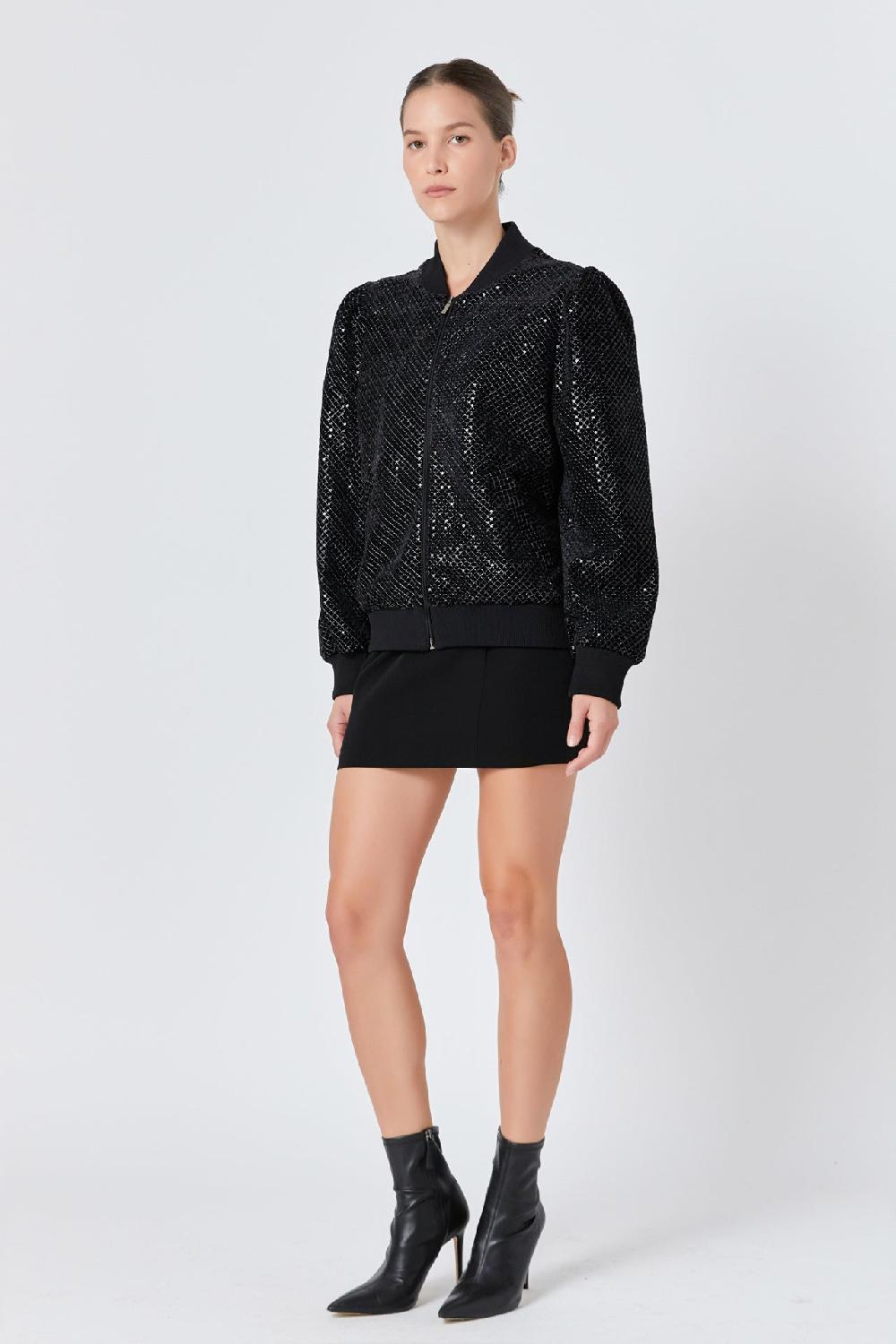 Endless Rose Velvet Sequin Bomber Jacket BLACK