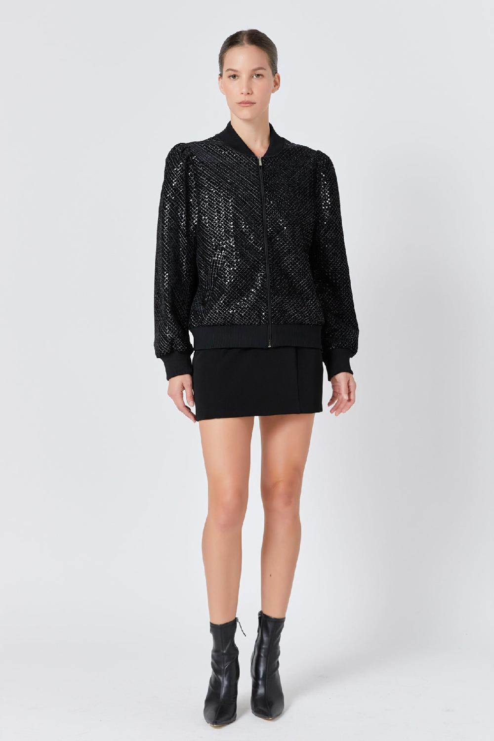 endless rose Velvet Sequin Bomber Jacket BLACK
