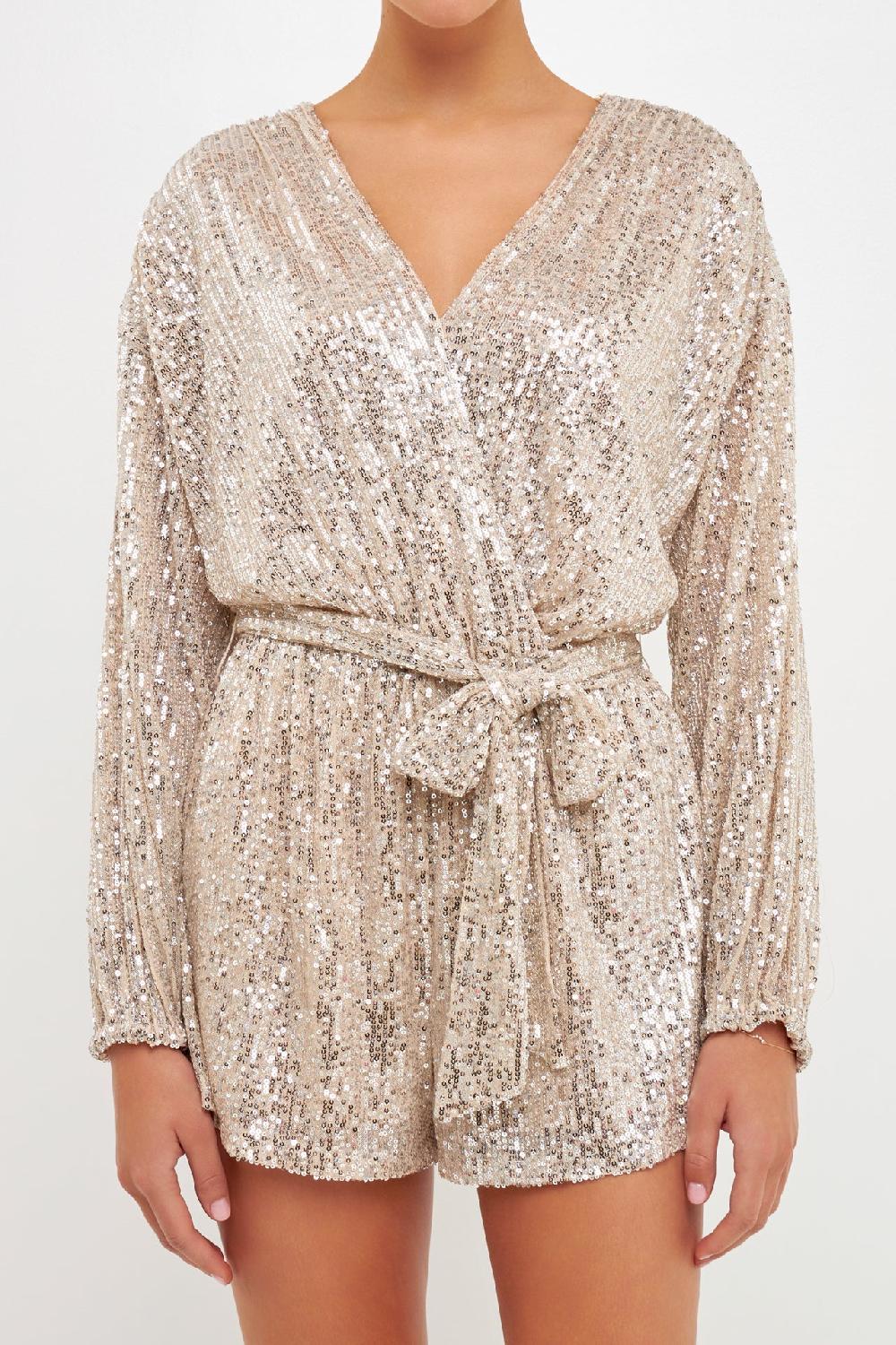 Endless Rose Wrap Belted Sequins Romper IVORY