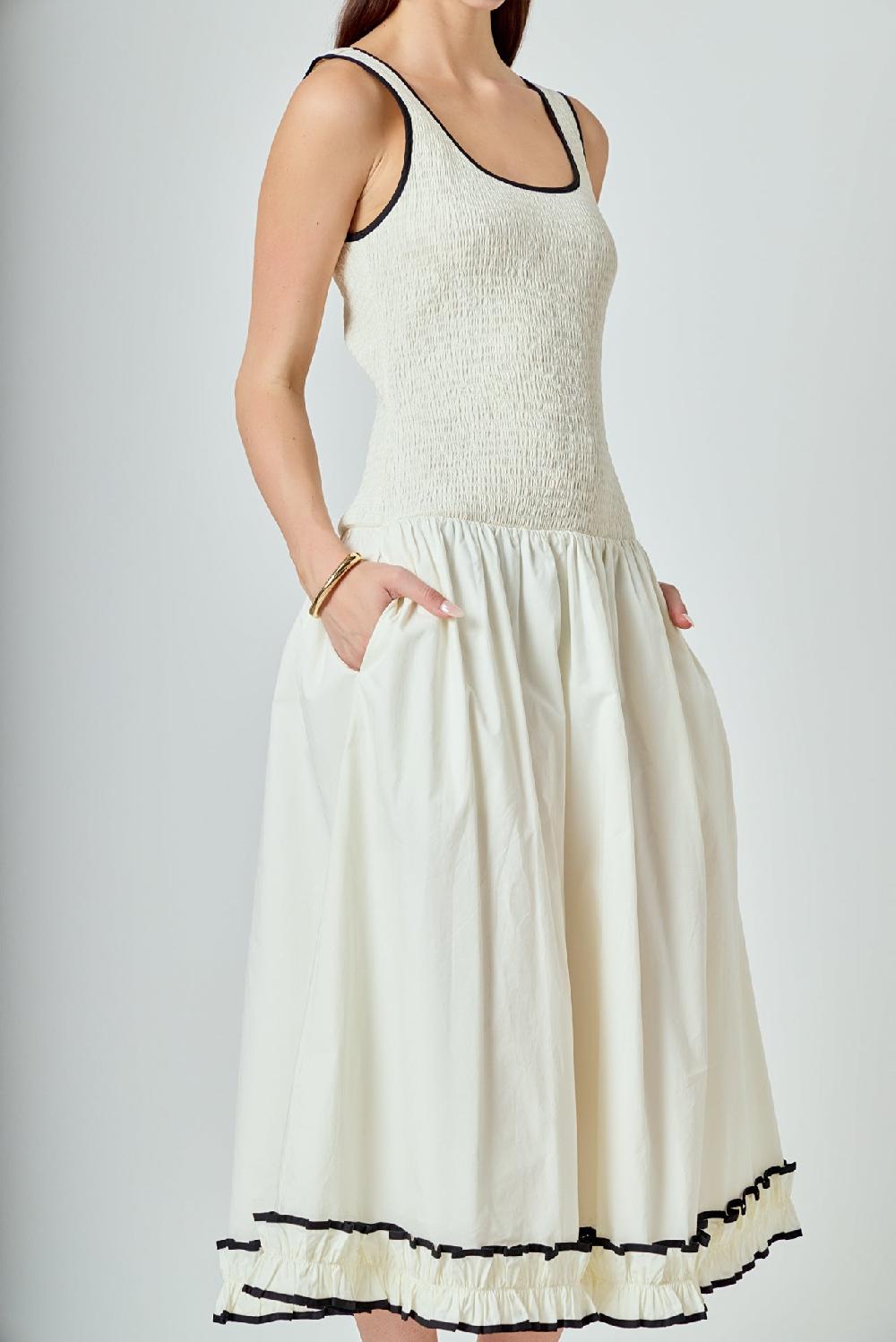 Endless Rose Estelle Drop Waist Smocked Bodice Midi Dress IVORY