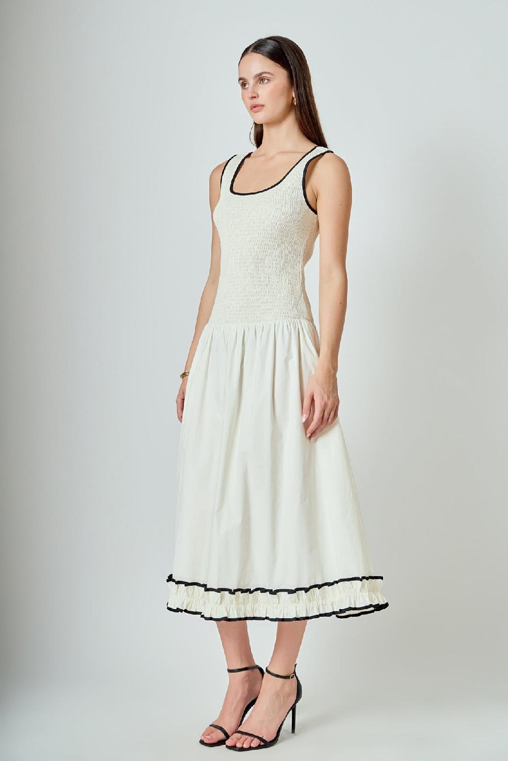 Endless Rose Estelle Drop Waist Smocked Bodice Midi Dress IVORY