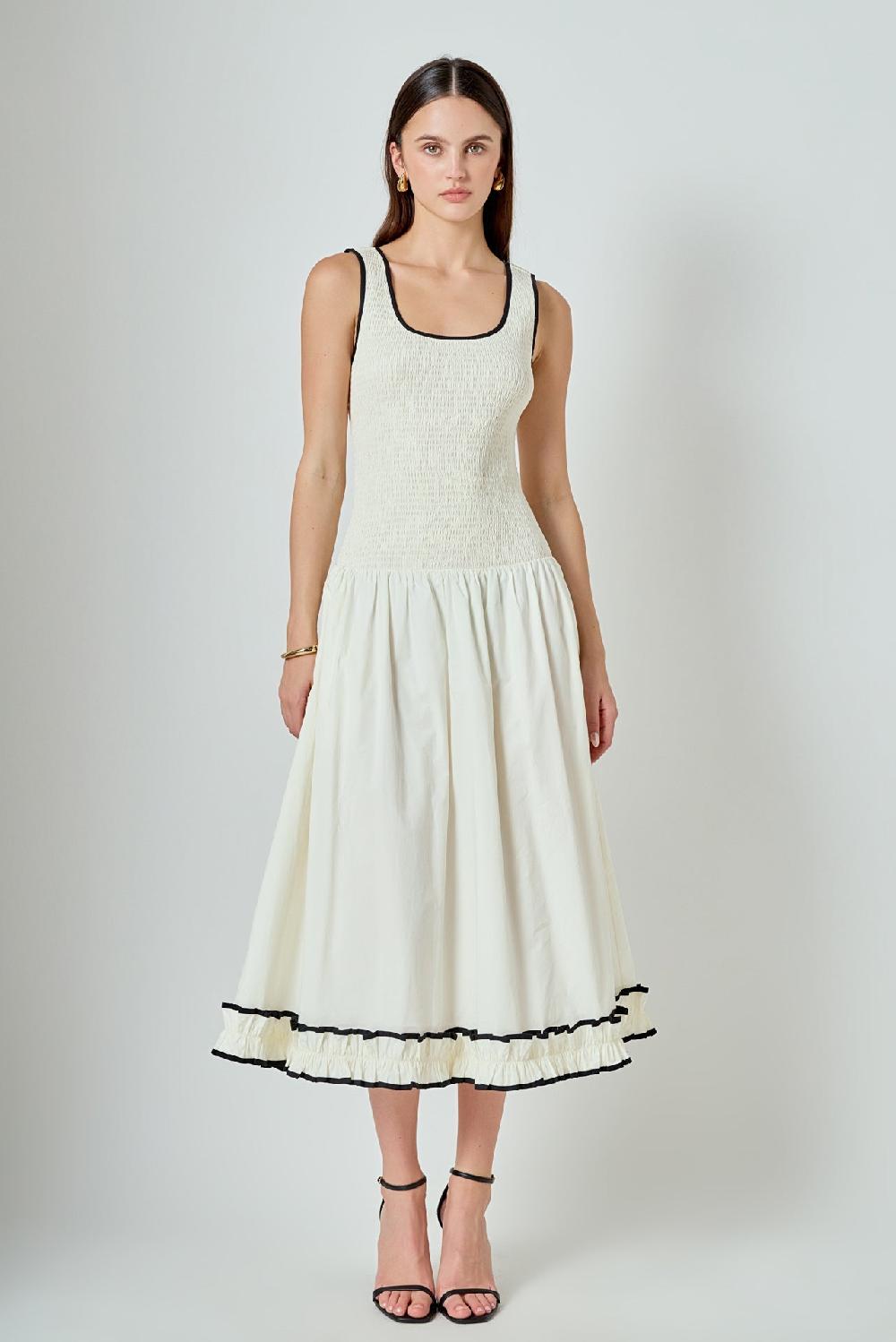 endless rose Estelle Drop waist Smocked Bodice Midi Dress IVORY