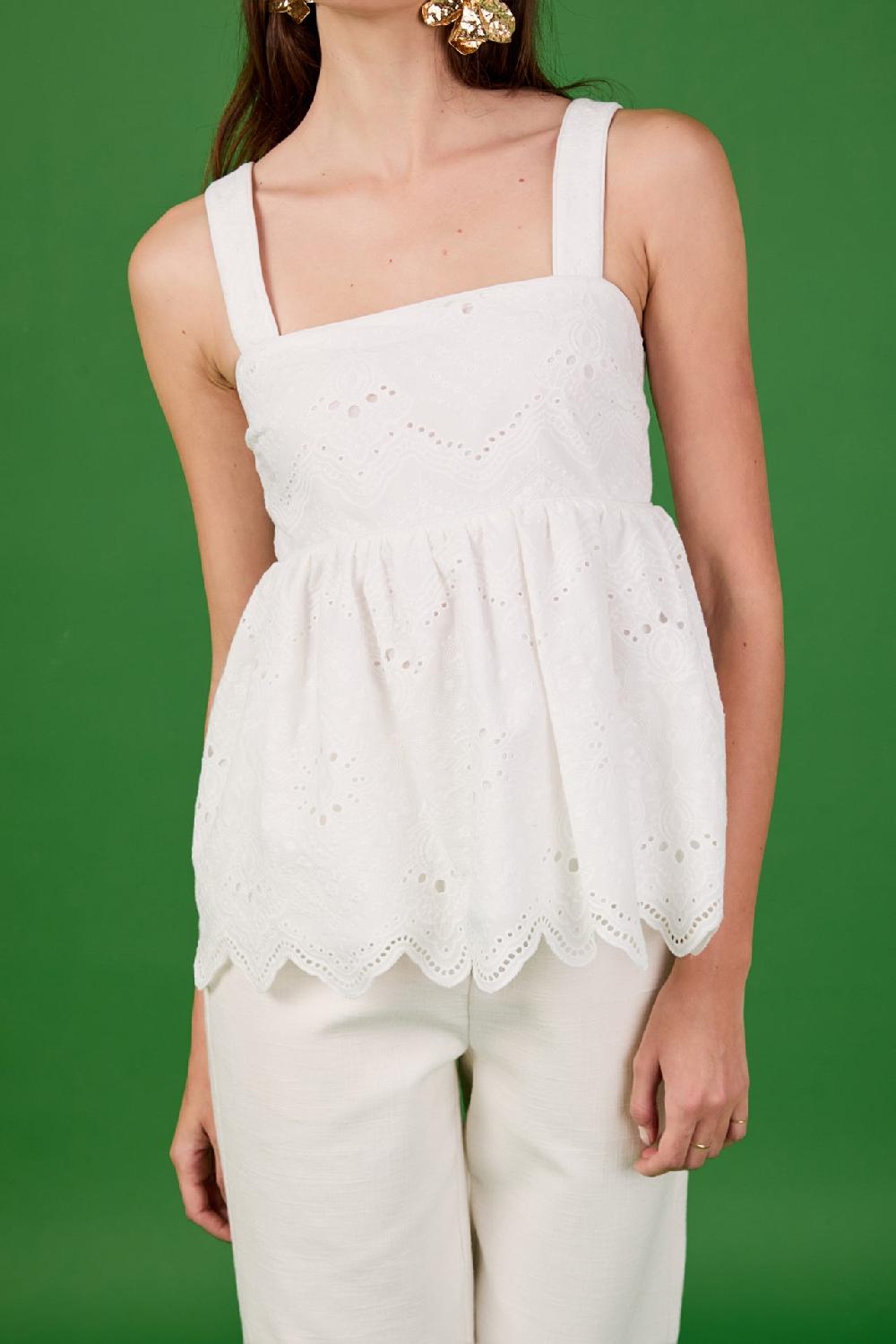 Endless Rose Evangeline Eyelet Scallop Sleeveless Top WHITE