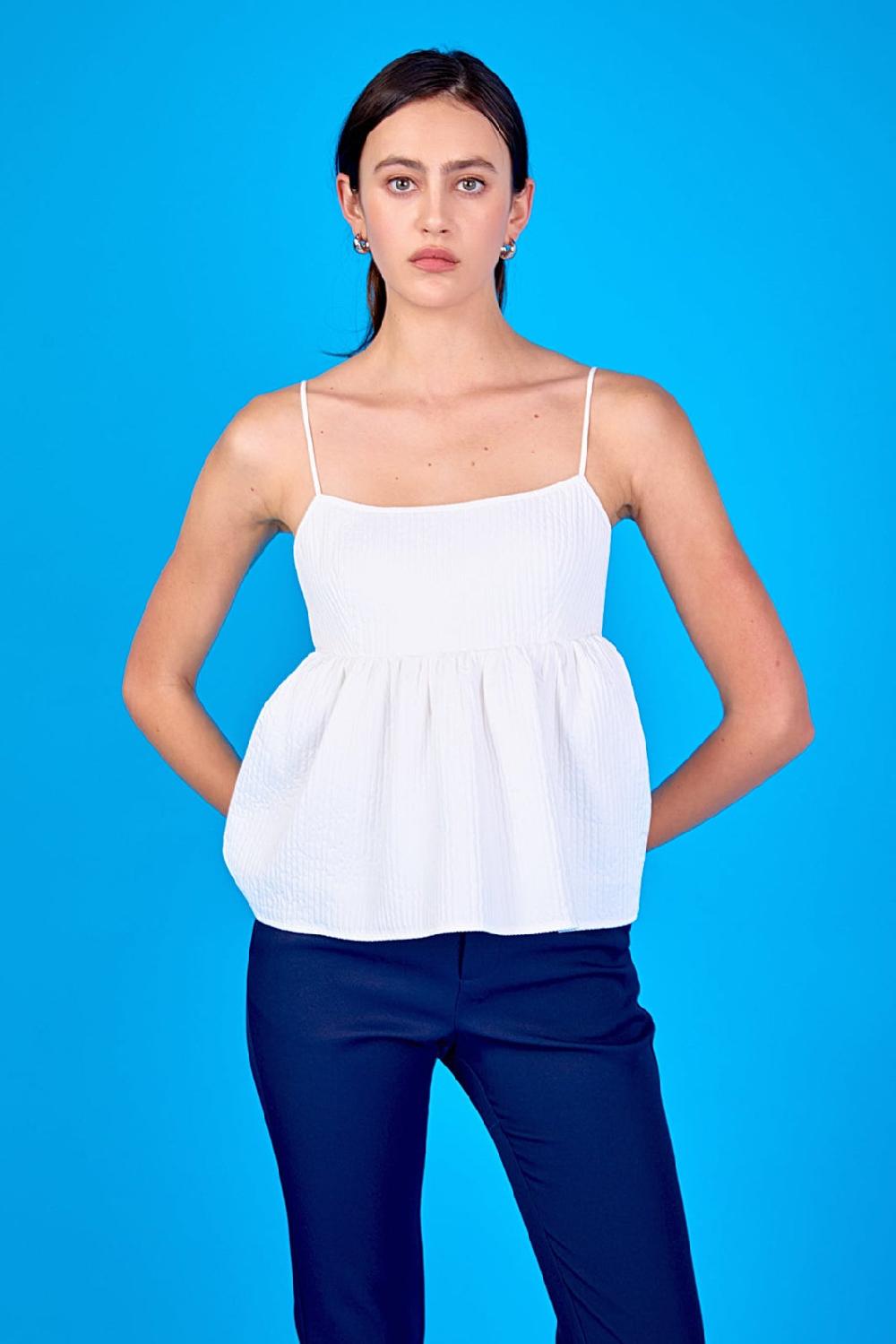 endless rose Evelyn Back Tie Textured Babydoll Top WHITE