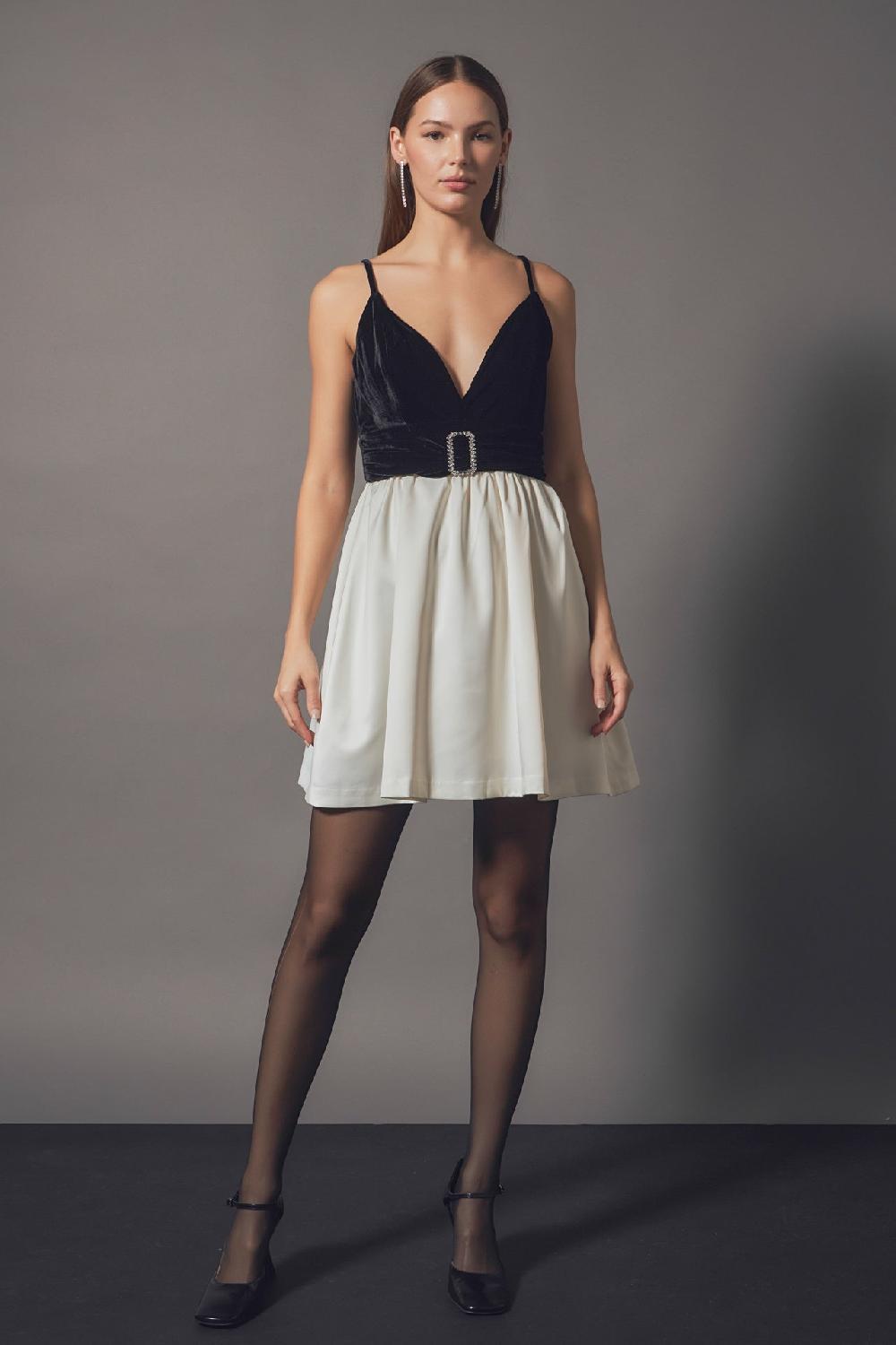 endless rose Fancy Mixed Media Mini Dress BLACK/IVORY