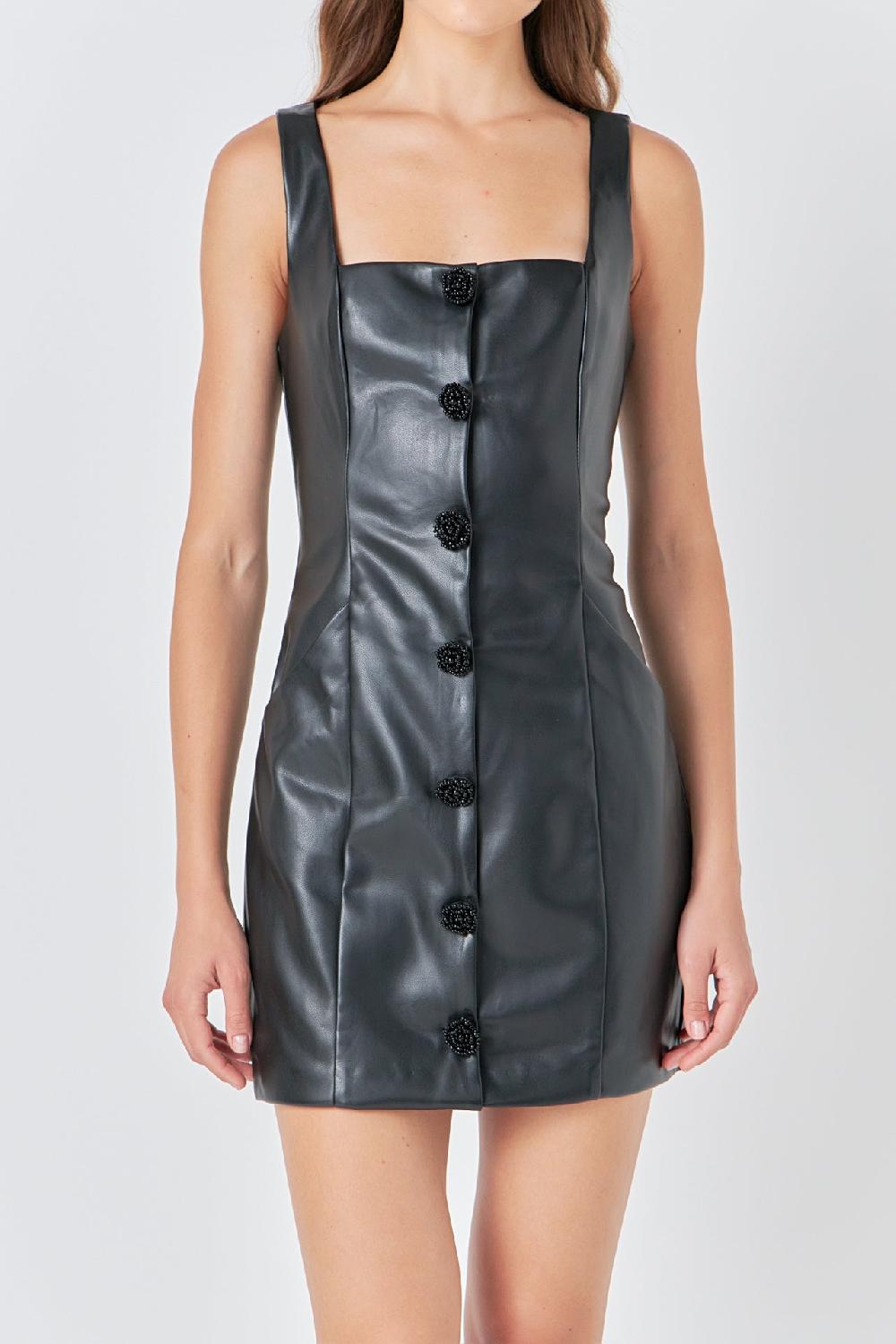 Endless Rose Faux Leather Buttoned Mini Dress BLACK