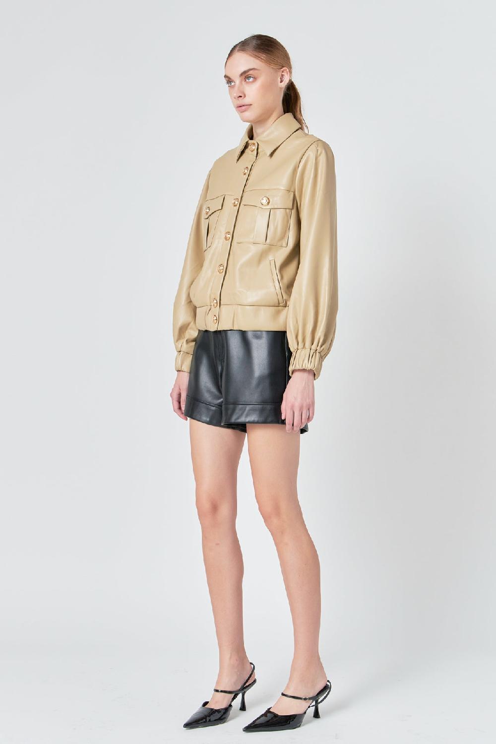Endless Rose Faux Leather Jacket With Gold Buttons BEIGE