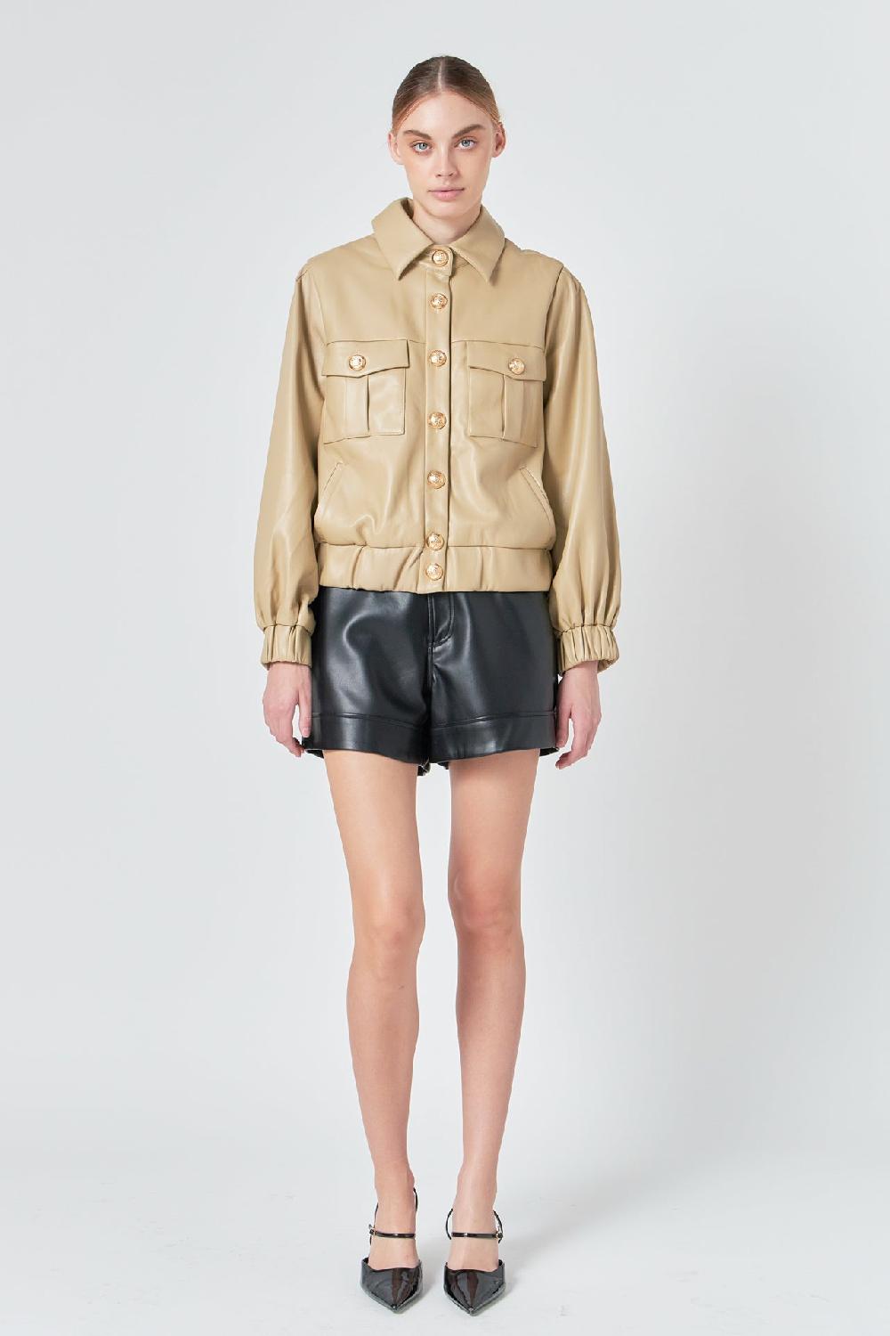 endless rose Faux Leather Jacket with Gold Buttons BEIGE