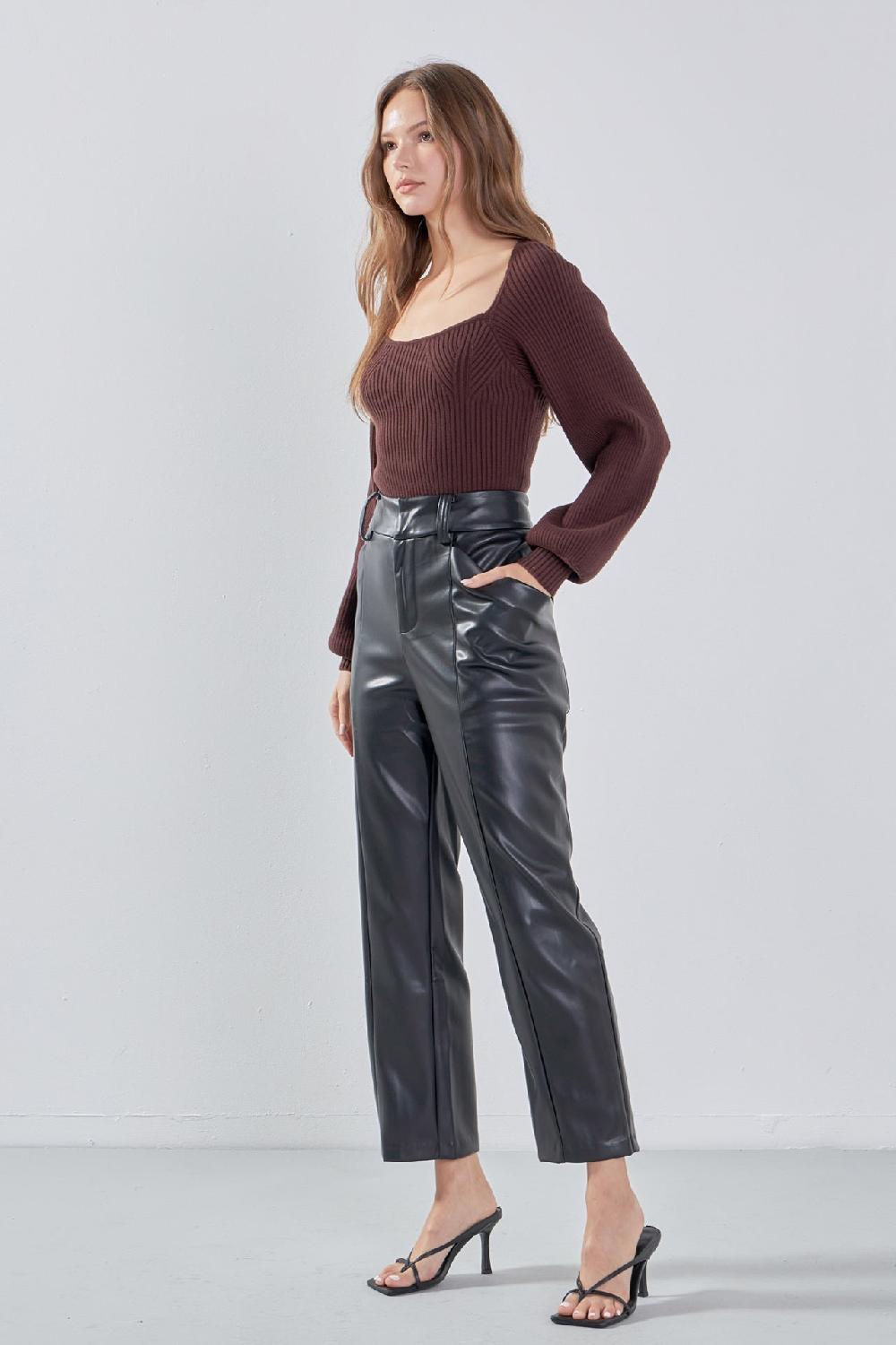 Endless Rose Faux Leather Wide Pocket Pants JET BLACK