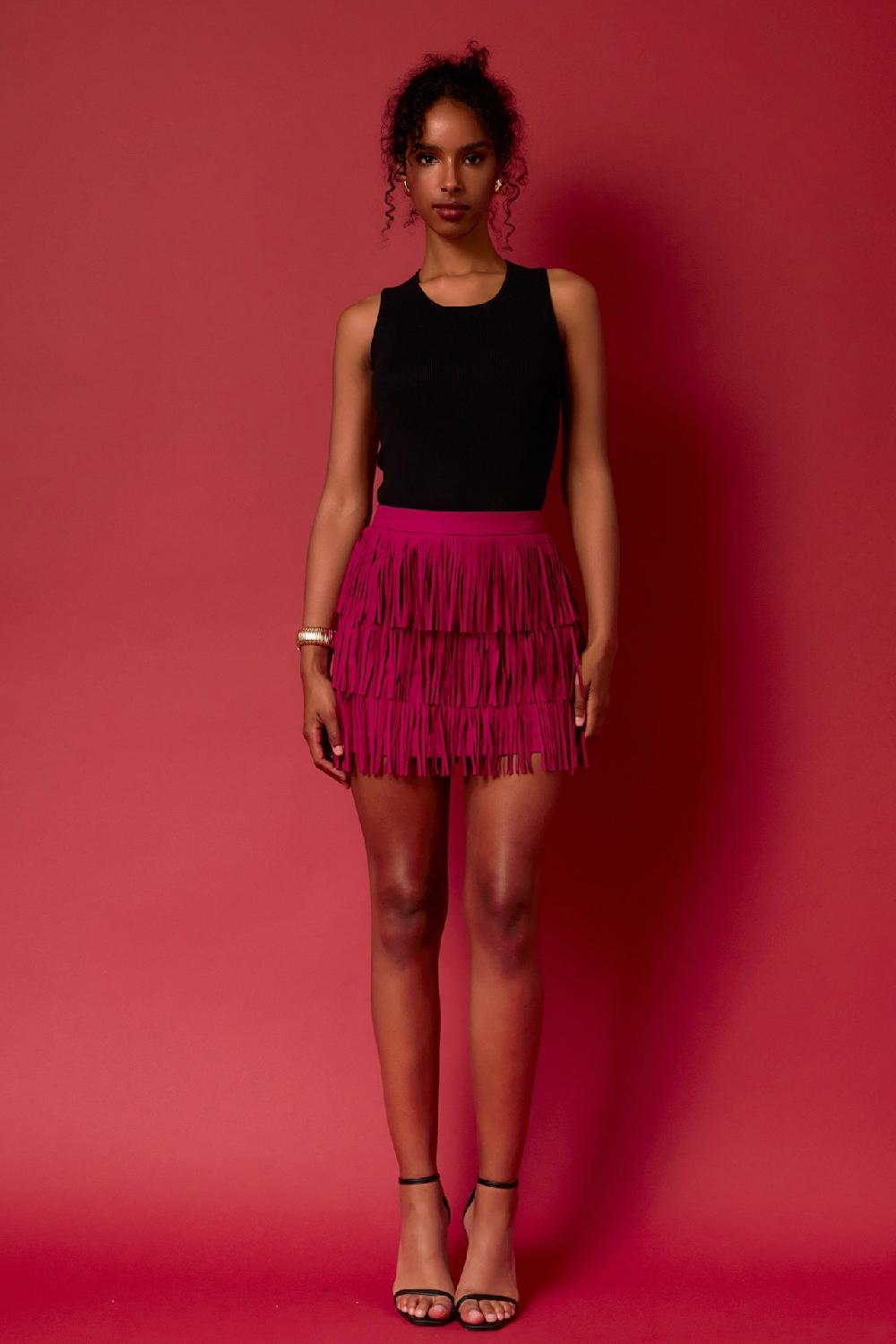endless rose Faux Suede Fringe Mini Skirt JET BLACK