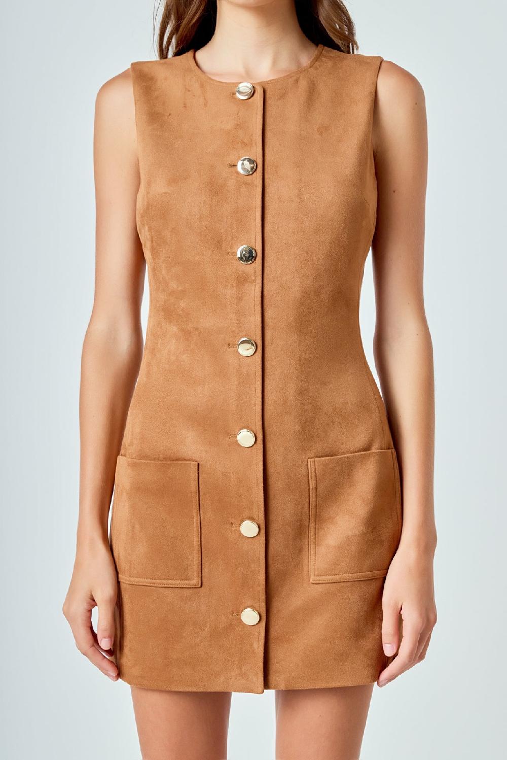 Endless Rose Faux Suede Round Neck Buttoned Mini Dress CAMEL