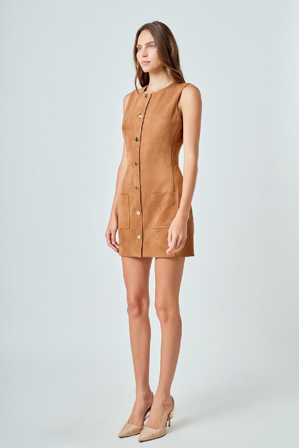 Endless Rose Faux Suede Round Neck Buttoned Mini Dress CAMEL