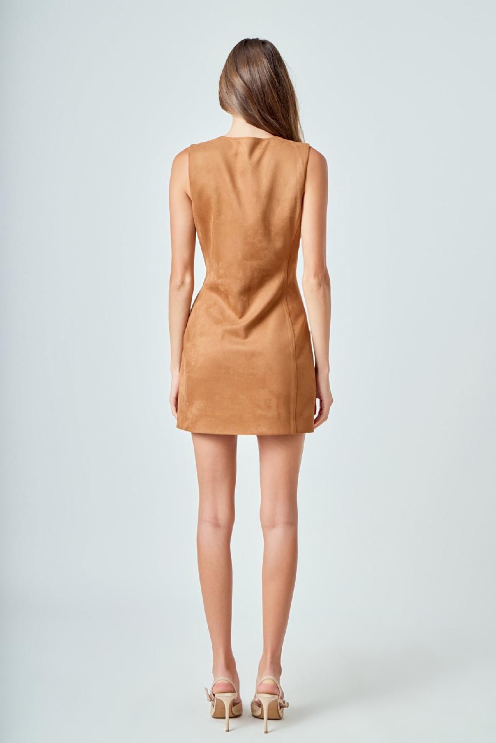 Endless Rose Faux Suede Round Neck Buttoned Mini Dress CAMEL