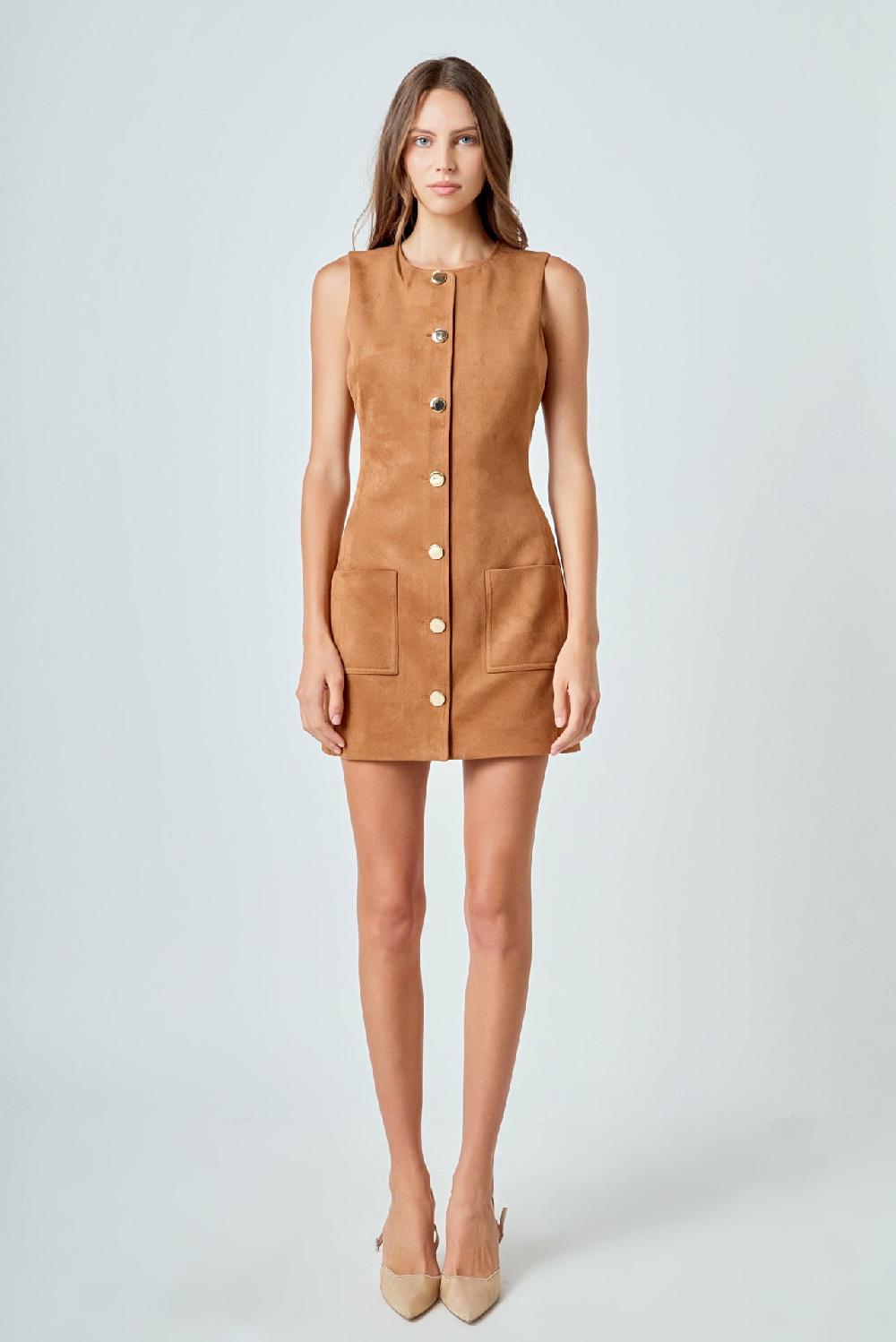 endless rose Faux Suede Round Neck Buttoned Mini Dress CAMEL