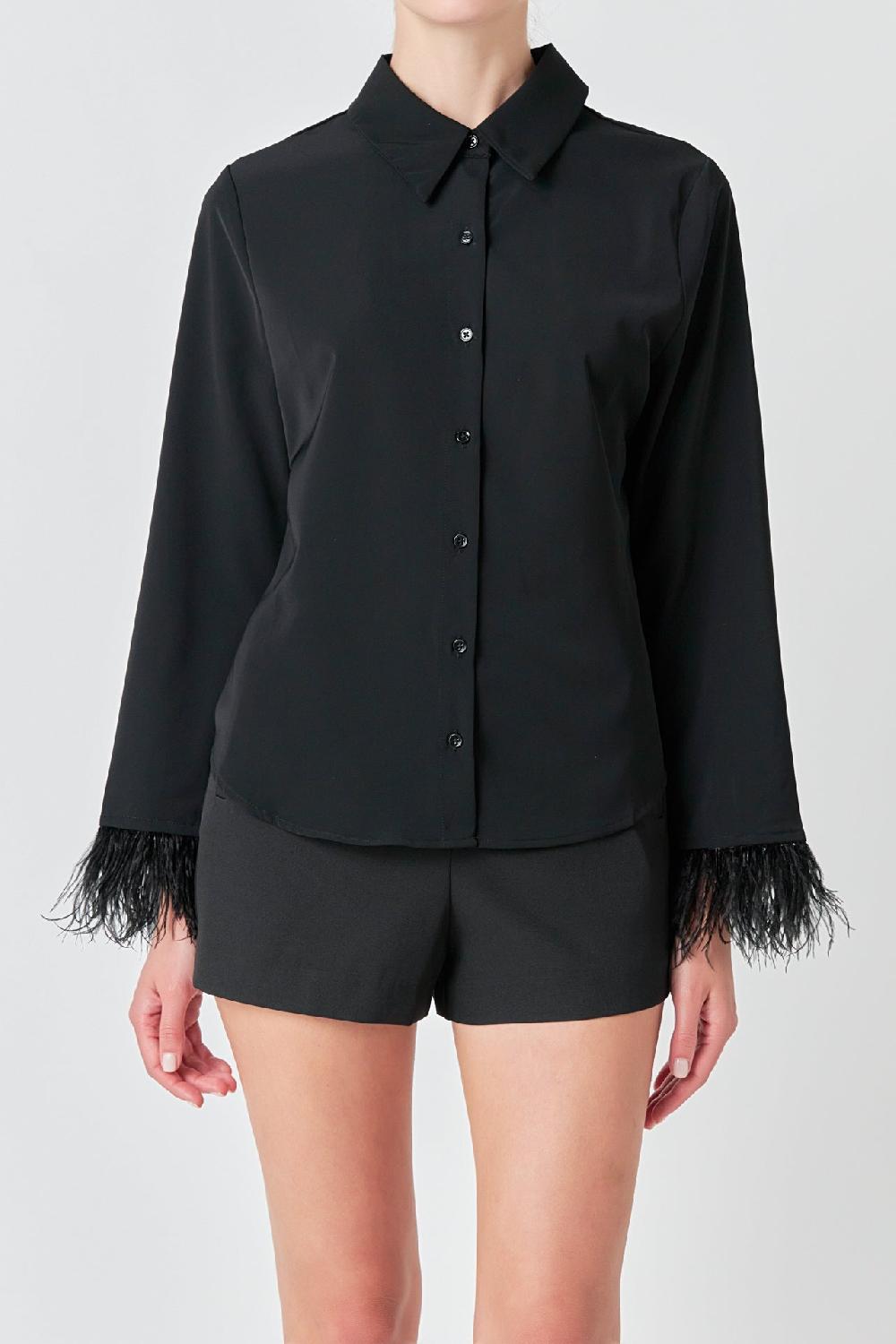 Endless Rose Feather Trimmed Fitted Blouse Top BLACK