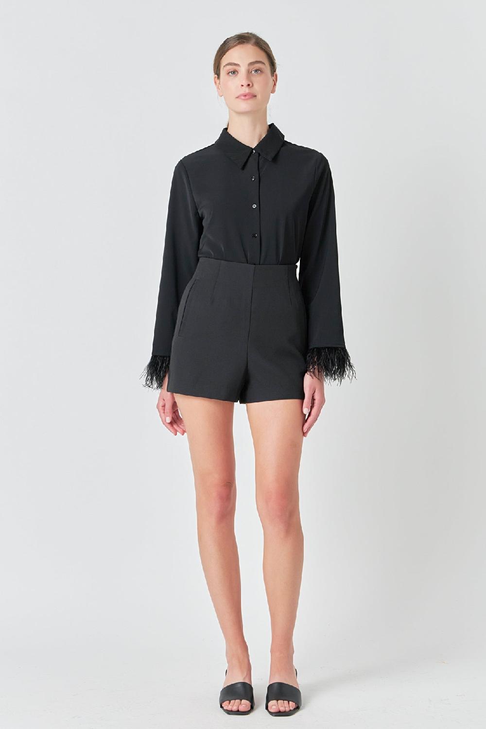 endless rose Feather Trimmed Fitted Blouse Top BLACK