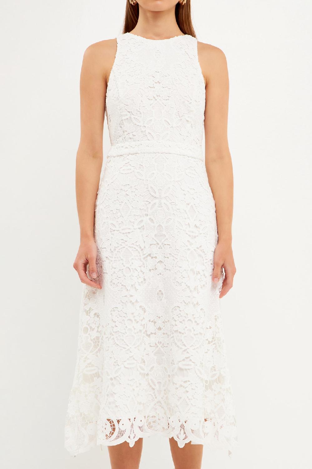 Endless Rose Floral Crochet Lace Cut-Out Midi Dress WHITE