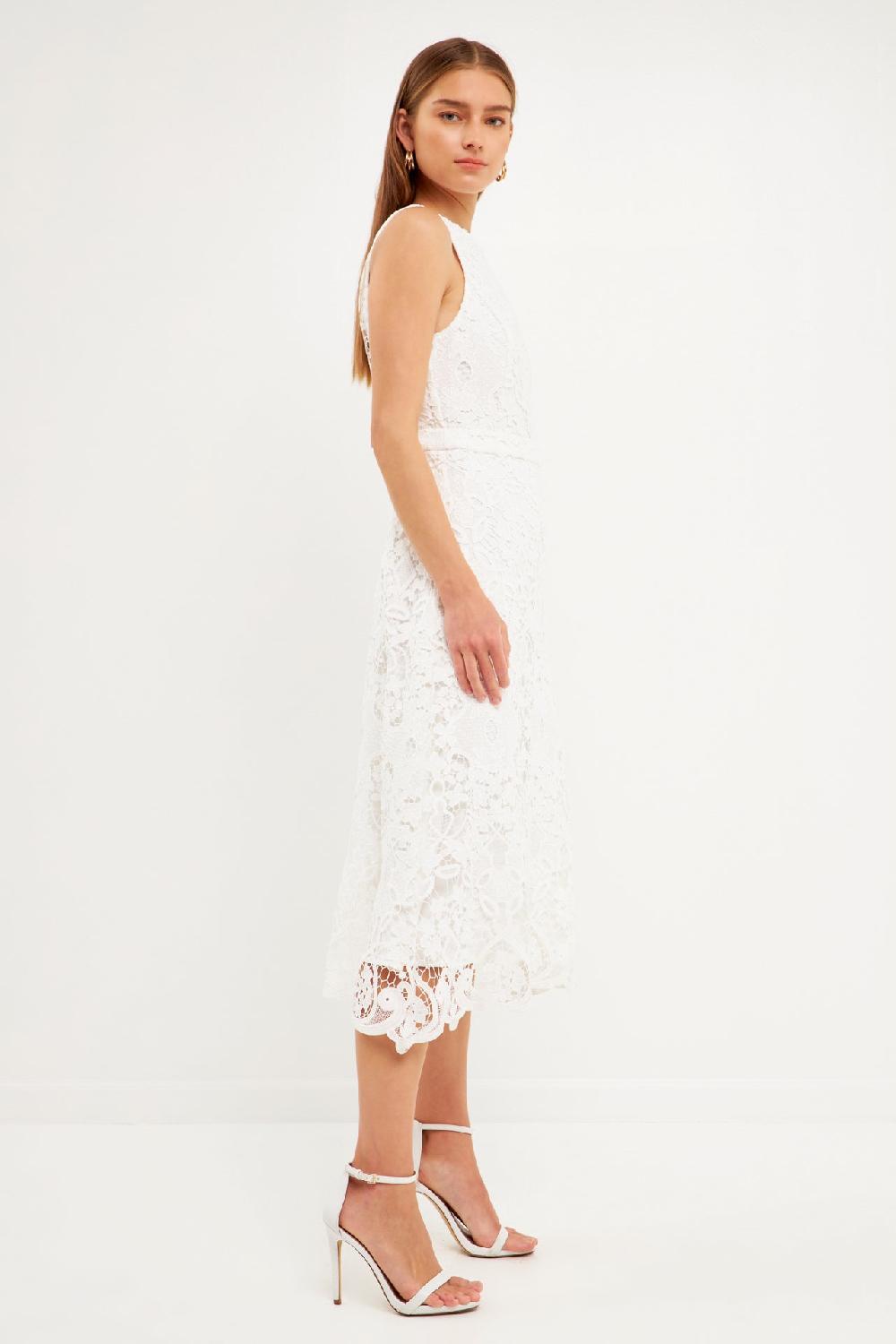 Endless Rose Floral Crochet Lace Cut-Out Midi Dress WHITE