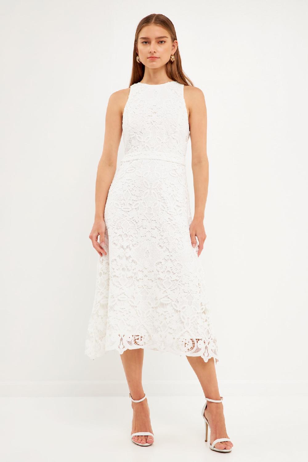 endless rose Floral Crochet Lace Cut-Out Midi Dress WHITE