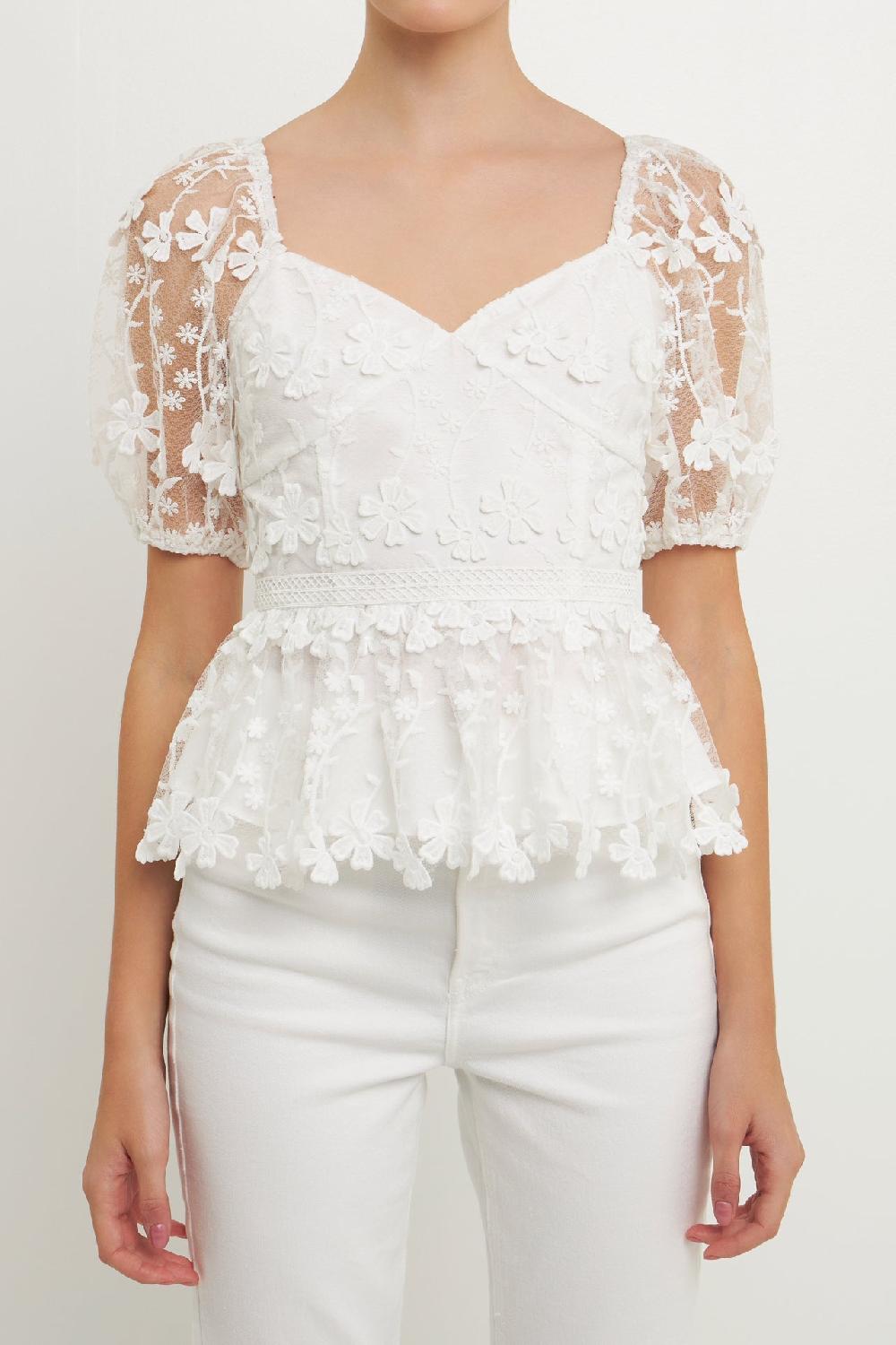 Endless Rose Floral Embroidered Lace Peplum Top WHITE