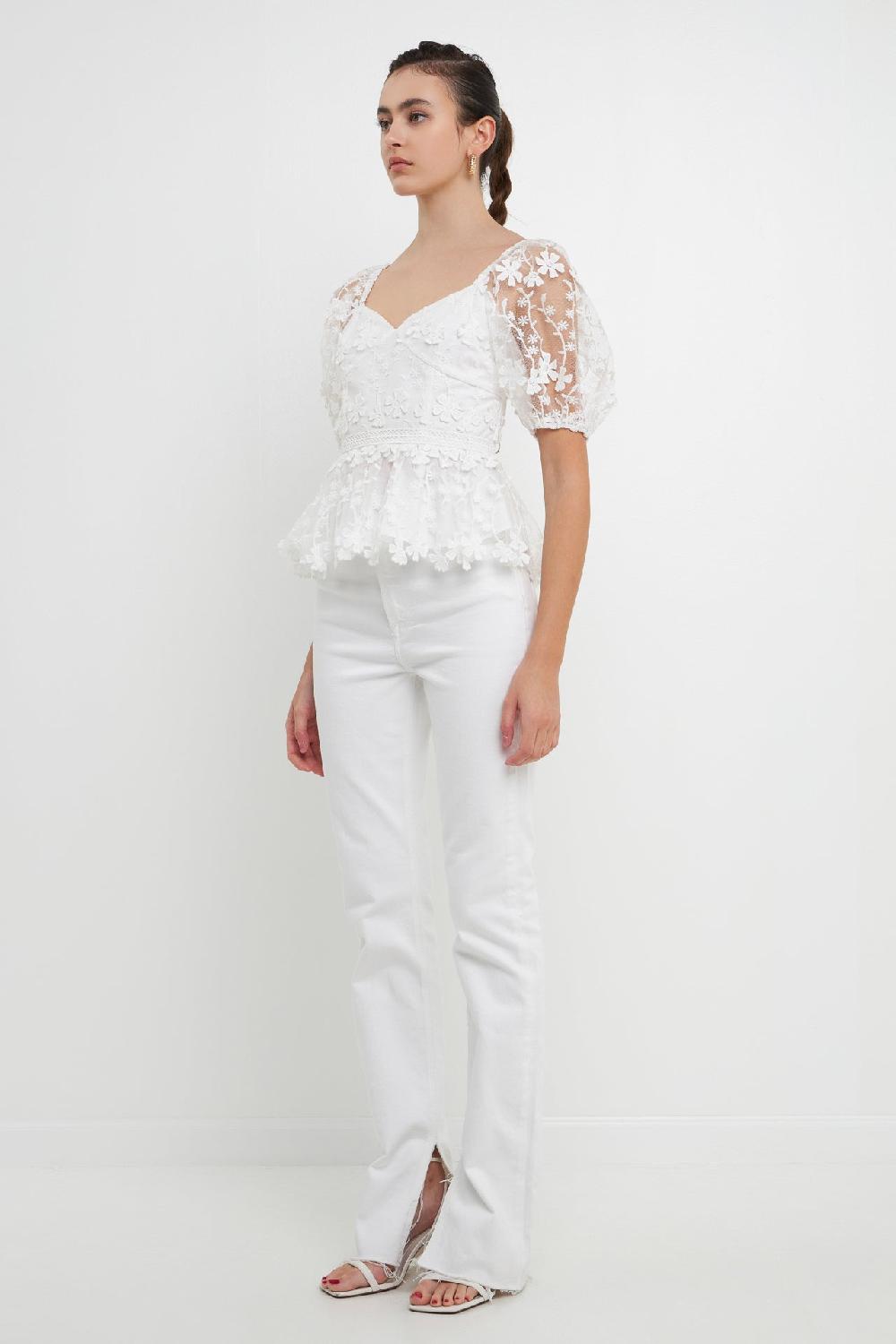 Endless Rose Floral Embroidered Lace Peplum Top WHITE