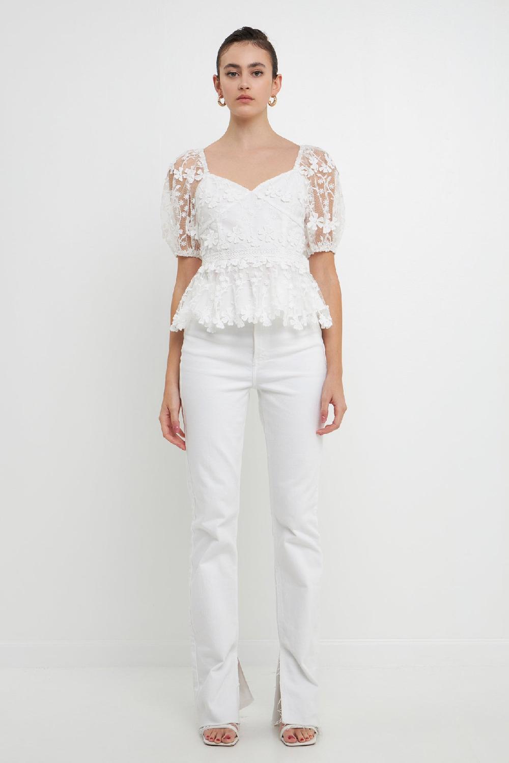 Endless Rose Floral Embroidered Lace Peplum Top WHITE