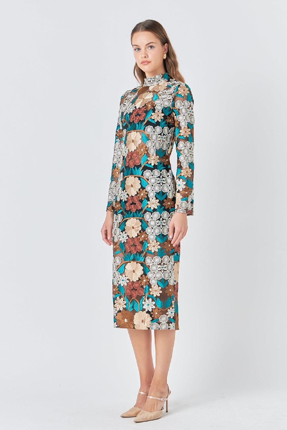 Endless Rose Floral Embroidered Midi Dress GREEN MULTI