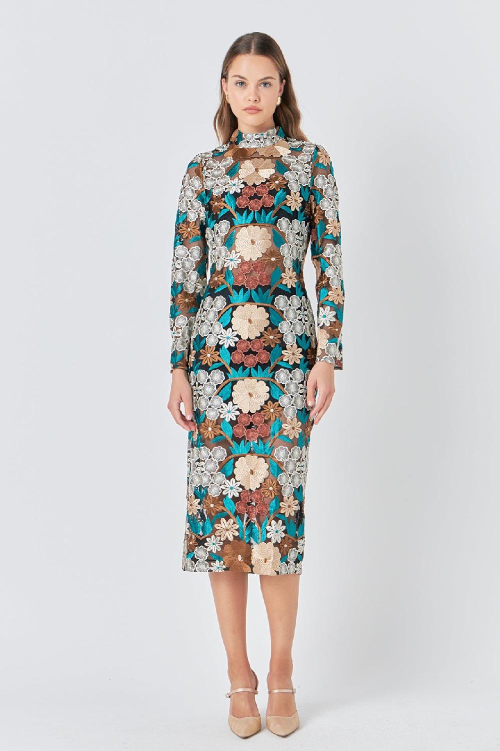 endless rose Floral Embroidered Midi Dress GREEN MULTI