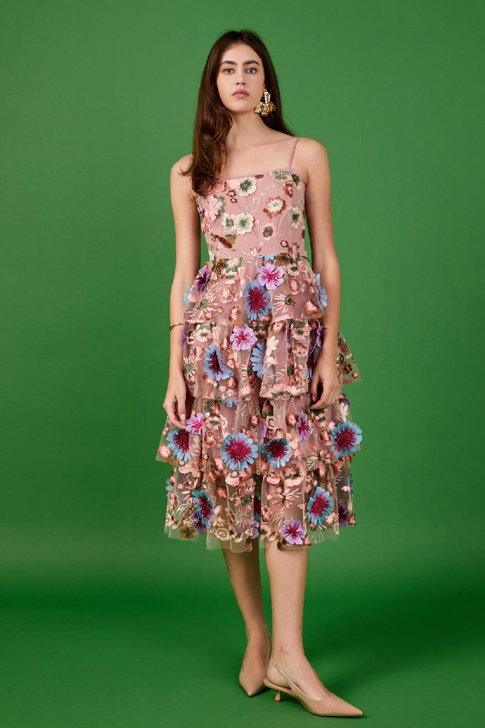 endless rose Floral Embroidered Midi Dress MAUVE MULTI