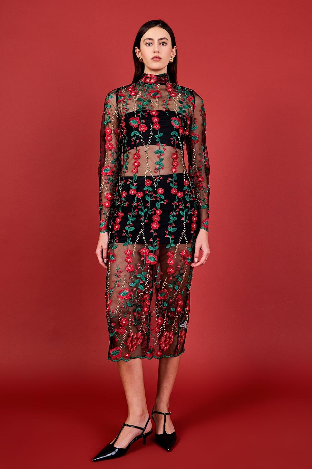 Endless Rose Floral Embroidered Midi Dress RED MULTI