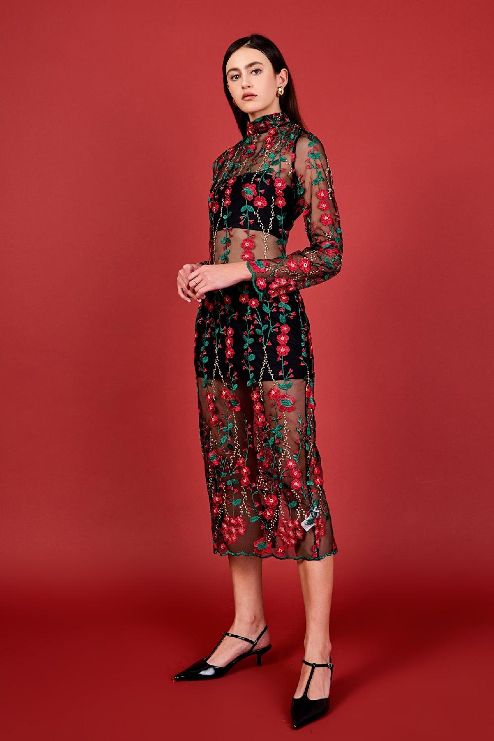 Endless Rose Floral Embroidered Midi Dress RED MULTI