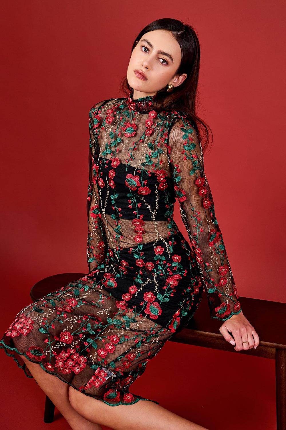 endless rose Floral Embroidered Midi Dress RED MULTI