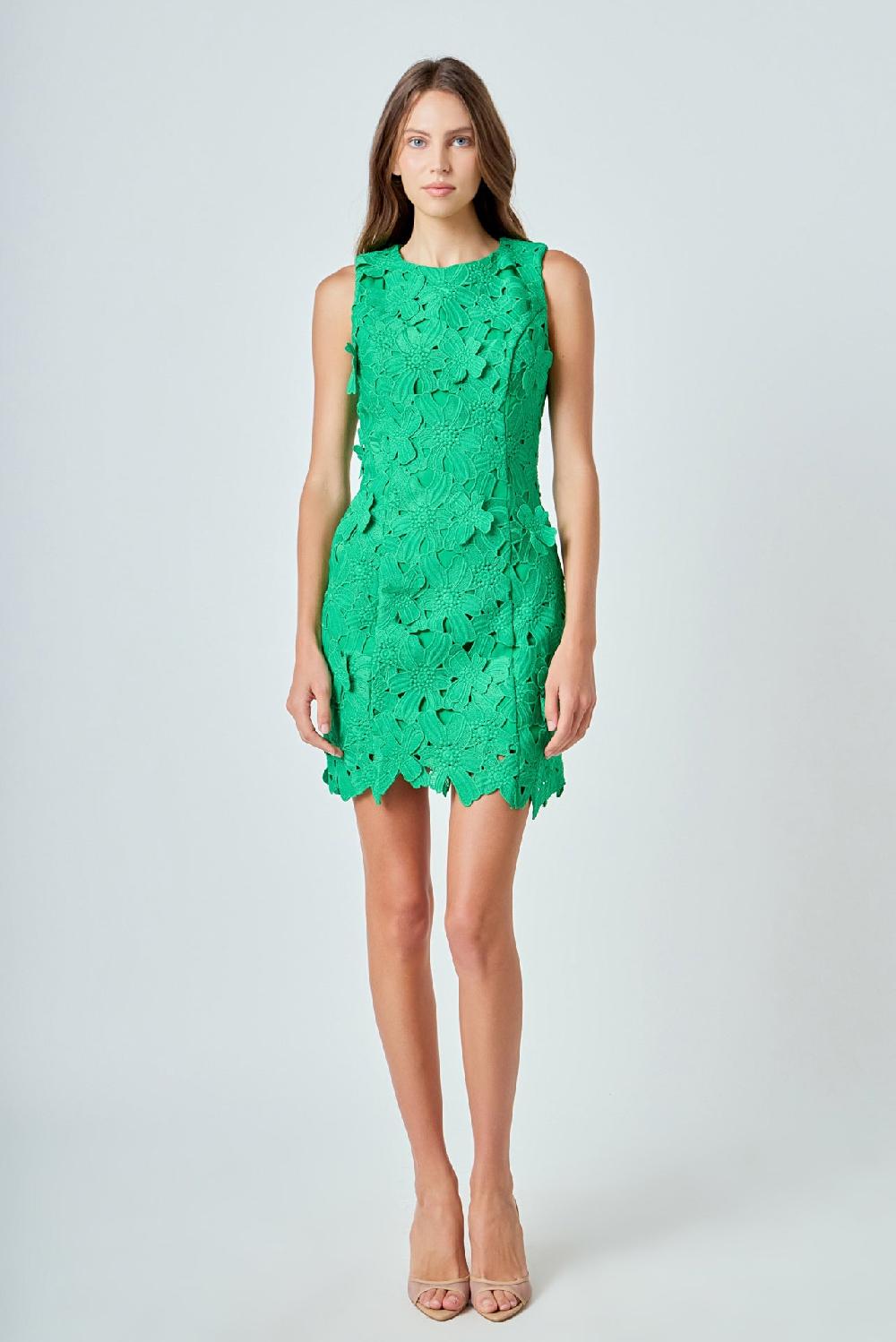 endless rose Floral Embroidered Mini Dress KELLY GREEN