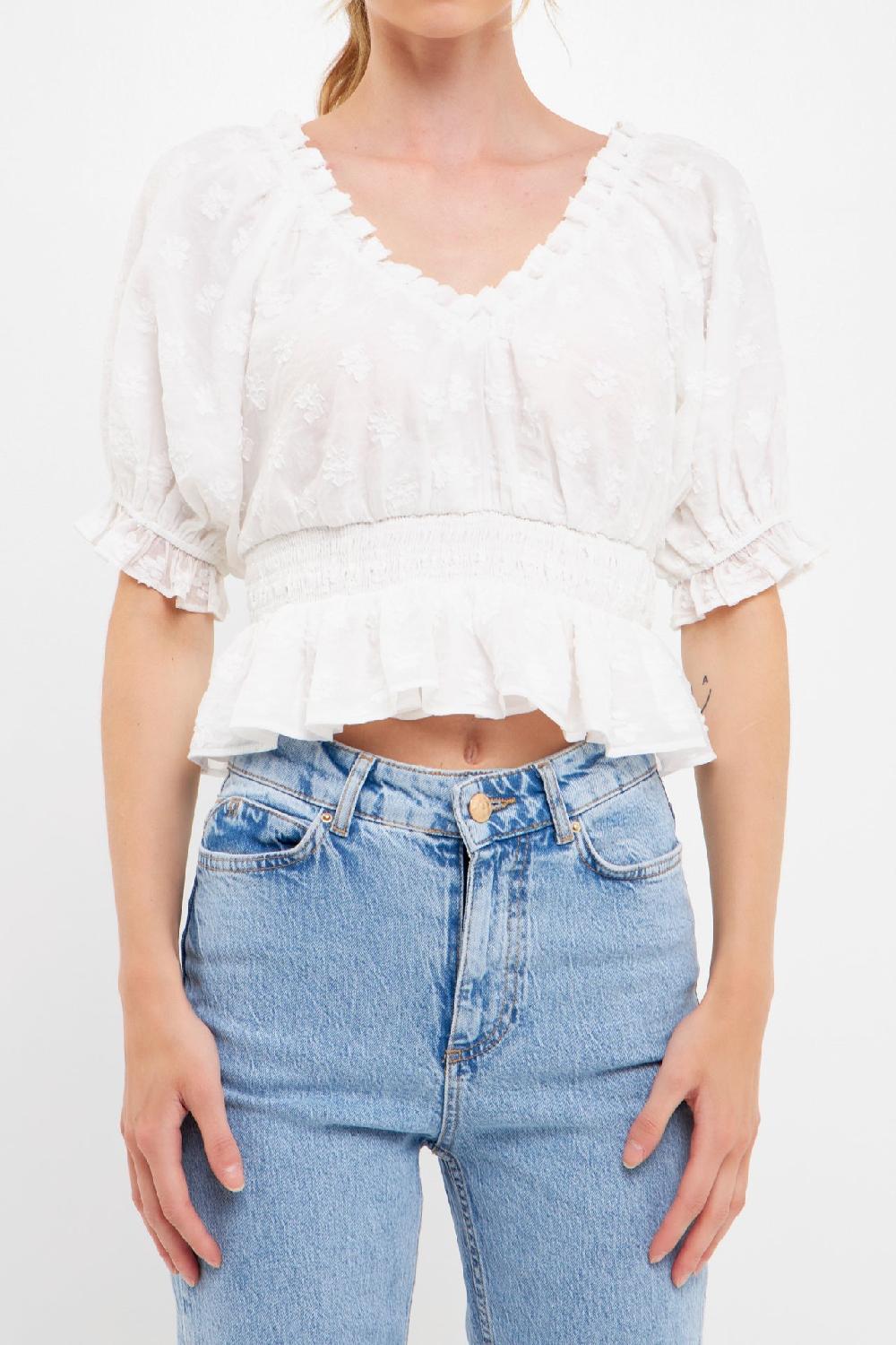 Endless Rose Floral Embroidered Smocked Off Shoulder Top WHITE