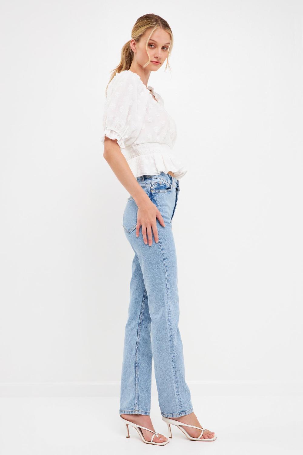 Endless Rose Floral Embroidered Smocked Off Shoulder Top WHITE