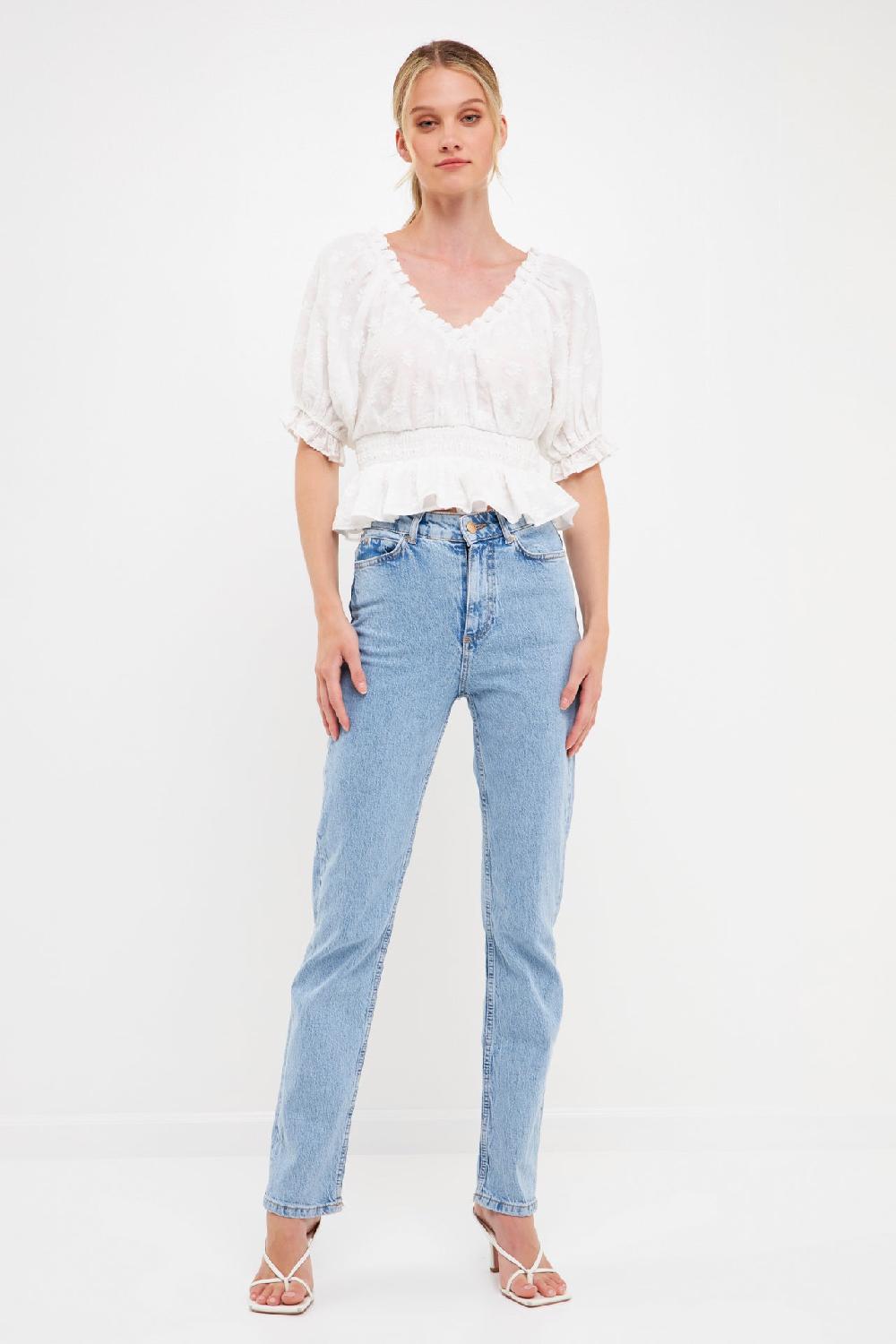 endless rose Floral Embroidered Smocked Off Shoulder Top WHITE