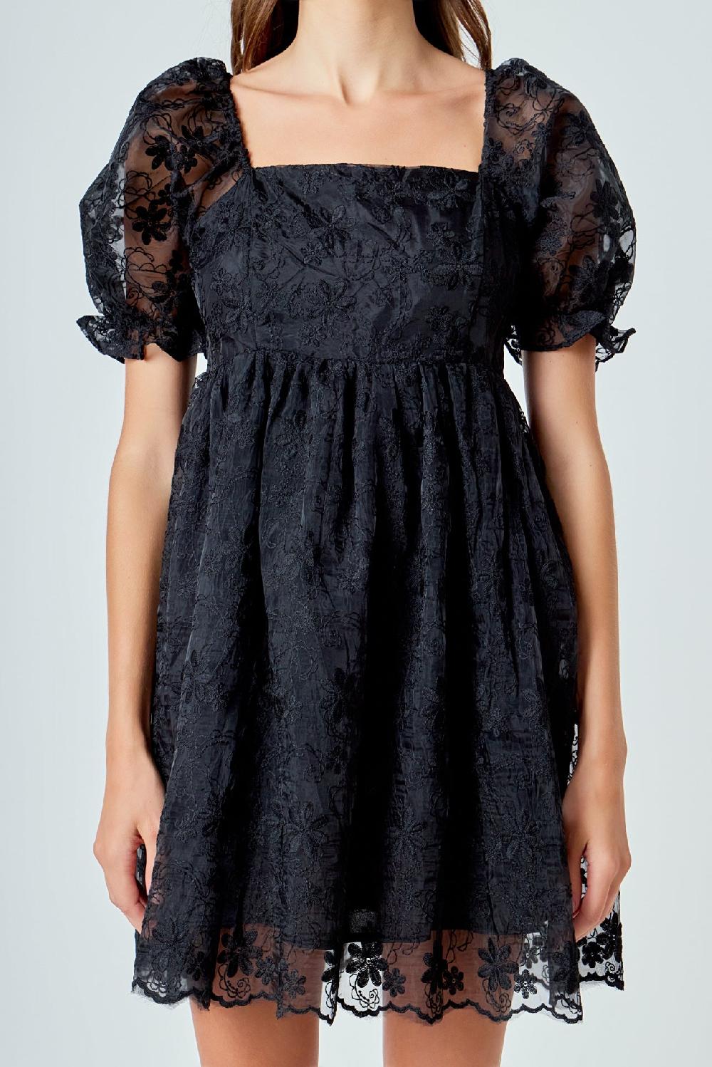 Endless Rose Floral Embroidery Babydoll Dress BLACK
