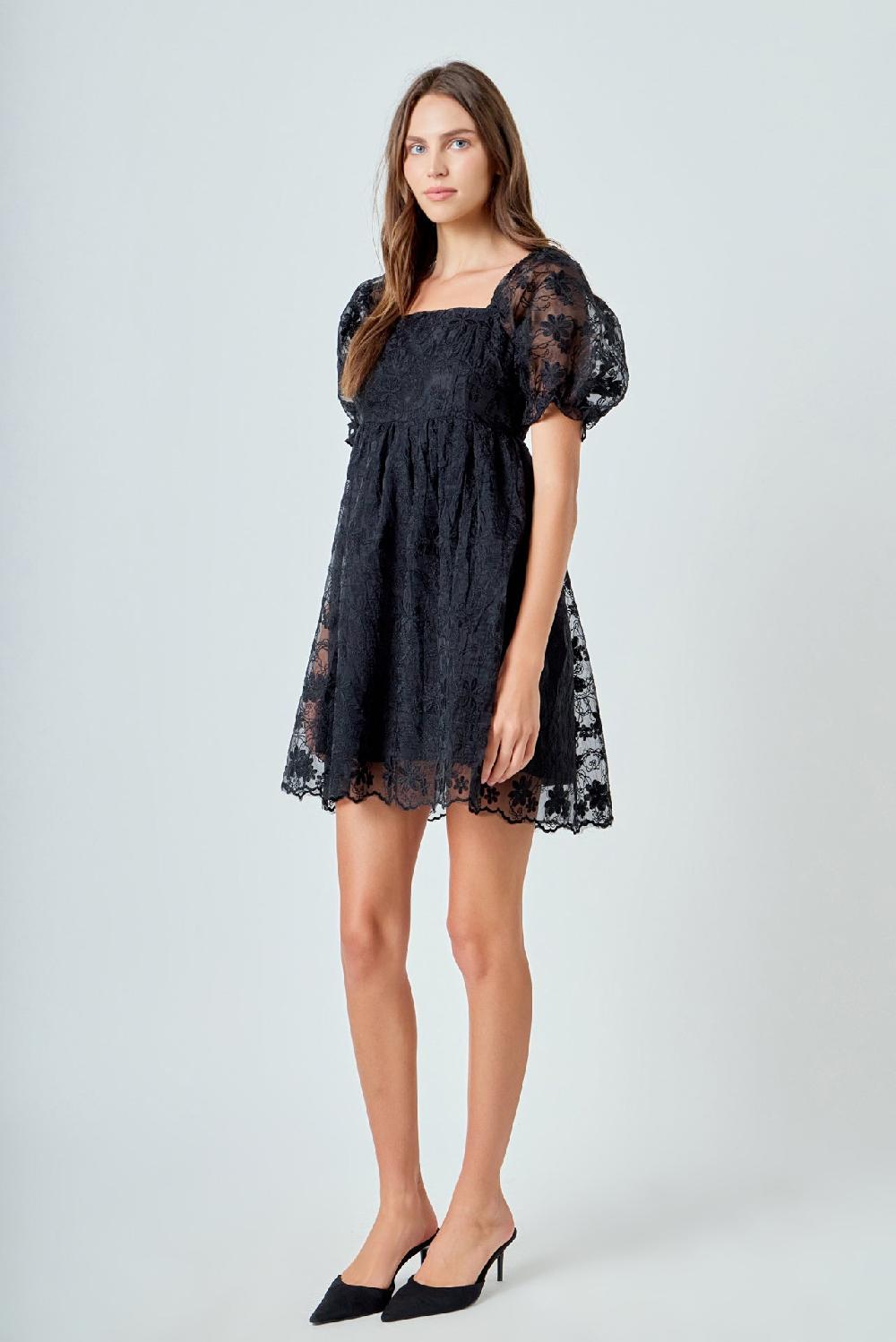 Endless Rose Floral Embroidery Babydoll Dress BLACK