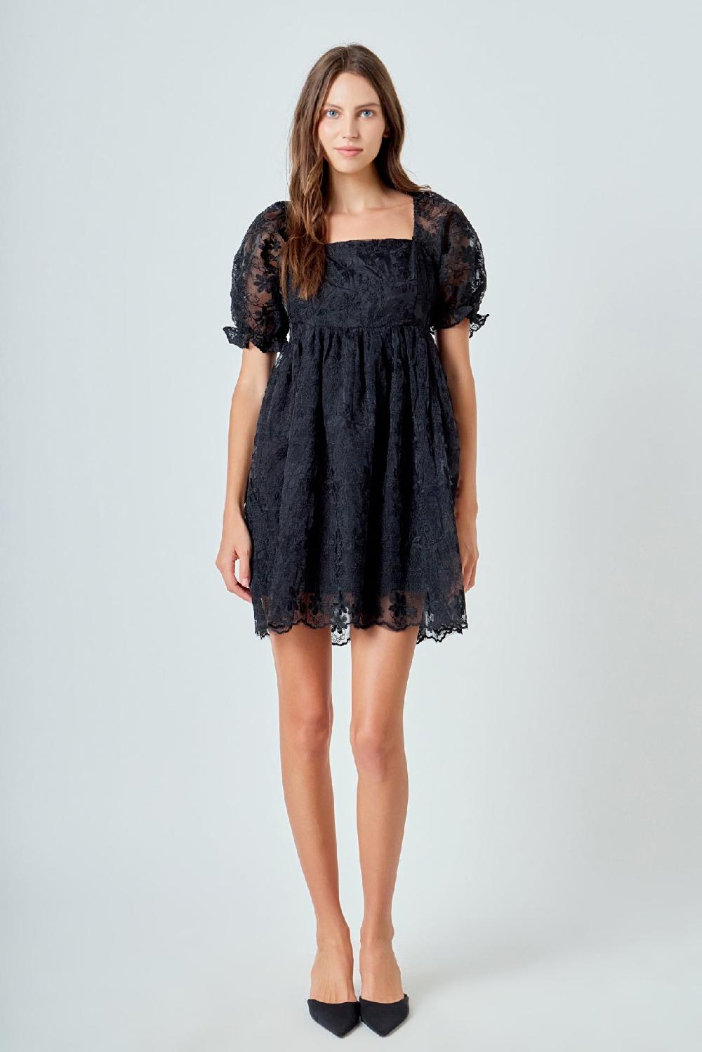 endless rose Floral Embroidery Babydoll Dress BLACK